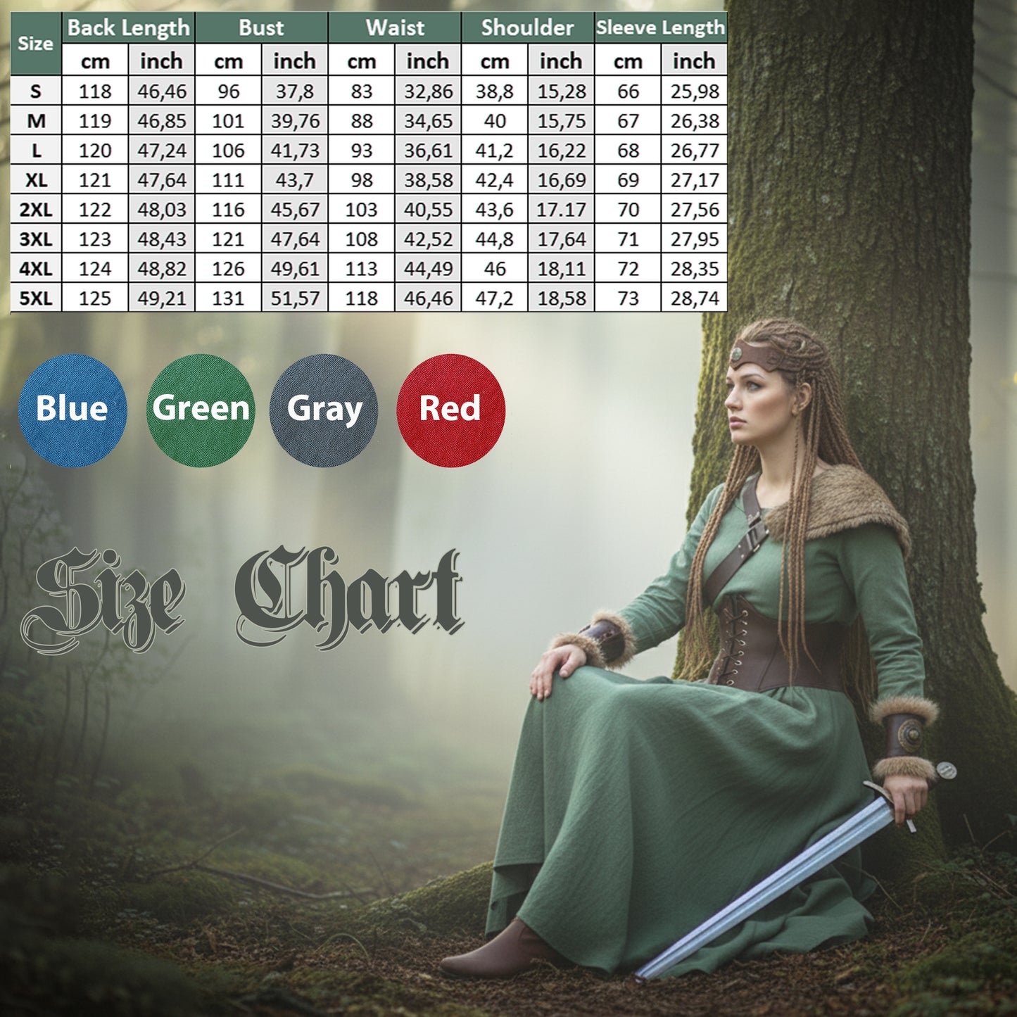 Medieval Viking Women Costume - Dress & Furry Faux Leather LARP Accessories: Corset, Bracers, Belt, Purse, Shoulder Pad, Celtic Crown Tiara. Plus Size 