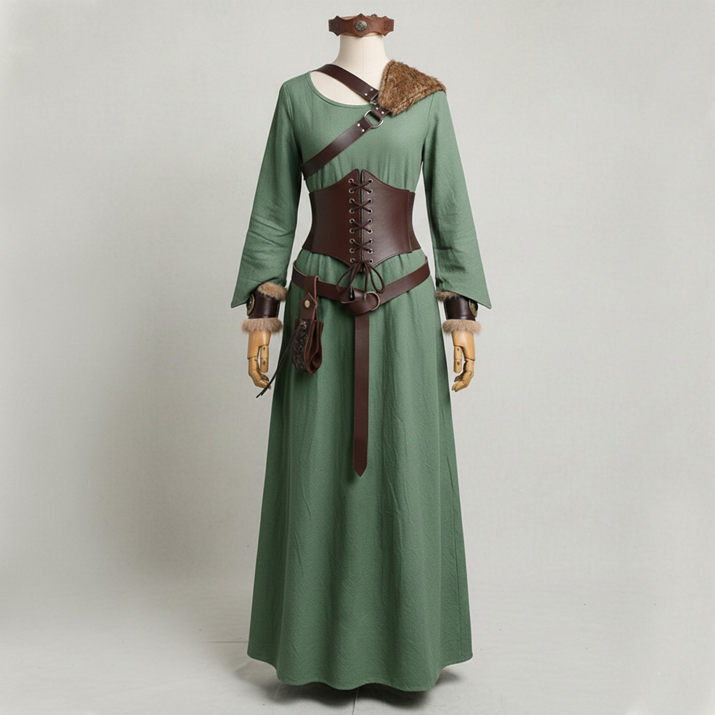 Medieval Viking Women Costume - Dress & Furry Faux Leather LARP Accessories: Corset, Bracers, Belt, Purse, Shoulder Pad, Celtic Crown Tiara