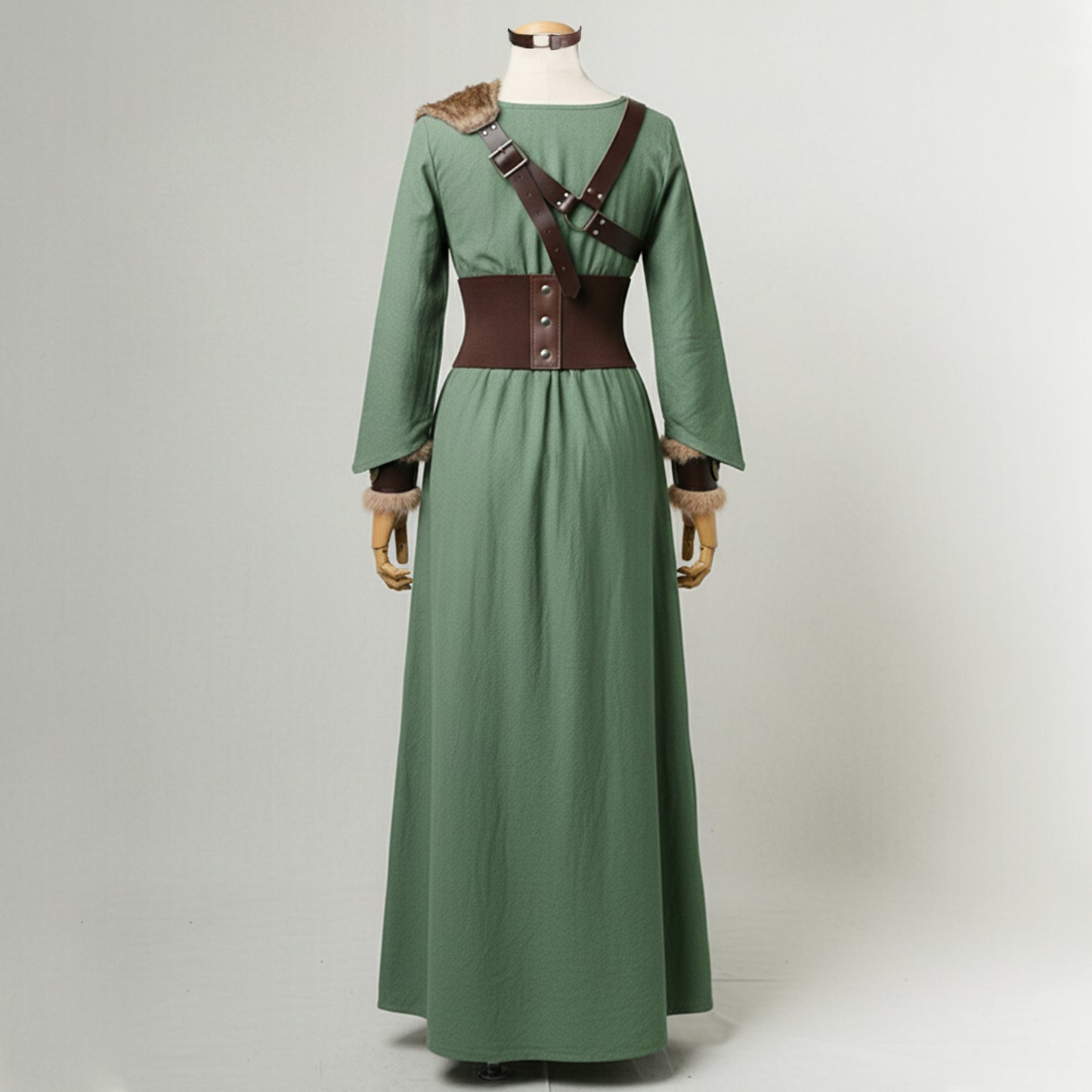 Medieval Viking Women Costume - Dress & Furry Faux Leather LARP Accessories: Corset, Bracers, Belt, Purse, Shoulder Pad, Celtic Crown Tiara