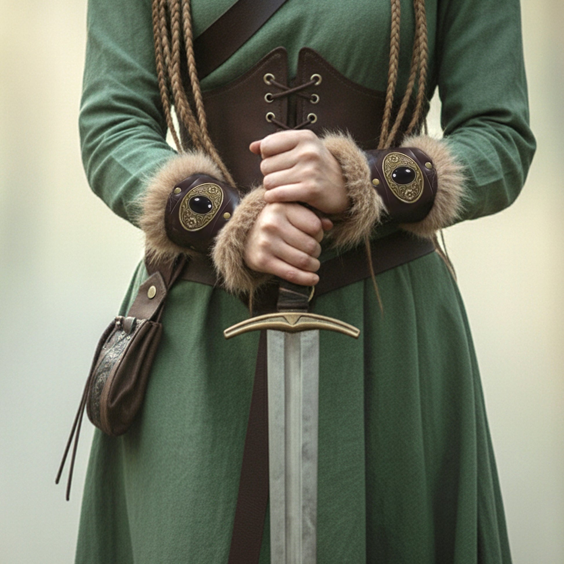 Medieval Viking Women Costume - Dress & Furry Faux Leather LARP Accessories: Corset, Bracers, Belt, Purse, Shoulder Pad, Celtic Crown Tiara