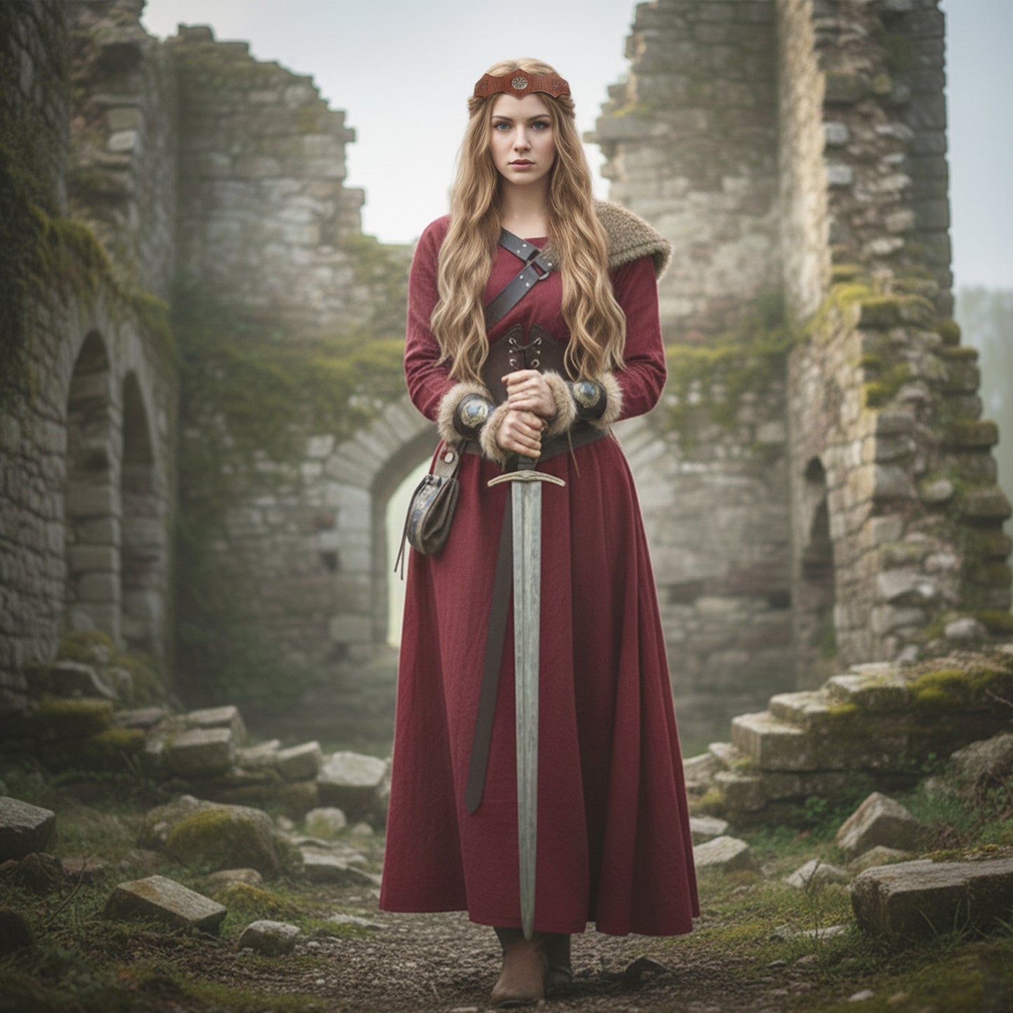Medieval Viking Women Costume - Dress & Furry Faux Leather LARP Accessories: Corset, Bracers, Belt, Purse, Shoulder Pad, Celtic Crown Tiara