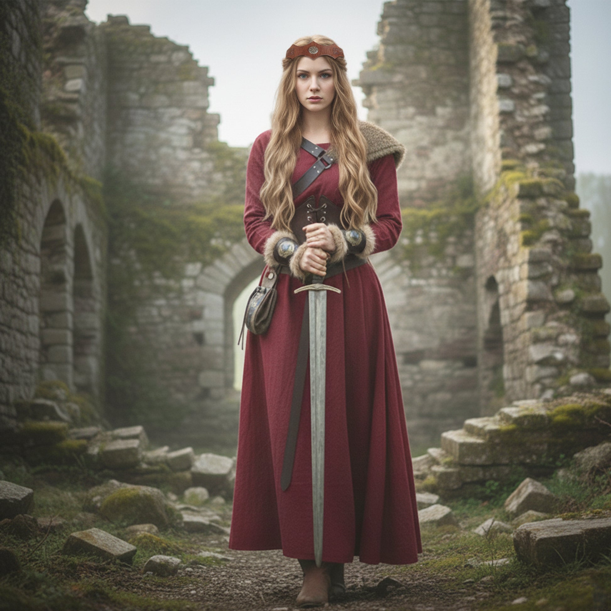 Medieval Viking Women Costume - Dress & Furry Faux Leather LARP Accessories: Corset, Bracers, Belt, Purse, Shoulder Pad, Celtic Crown Tiara