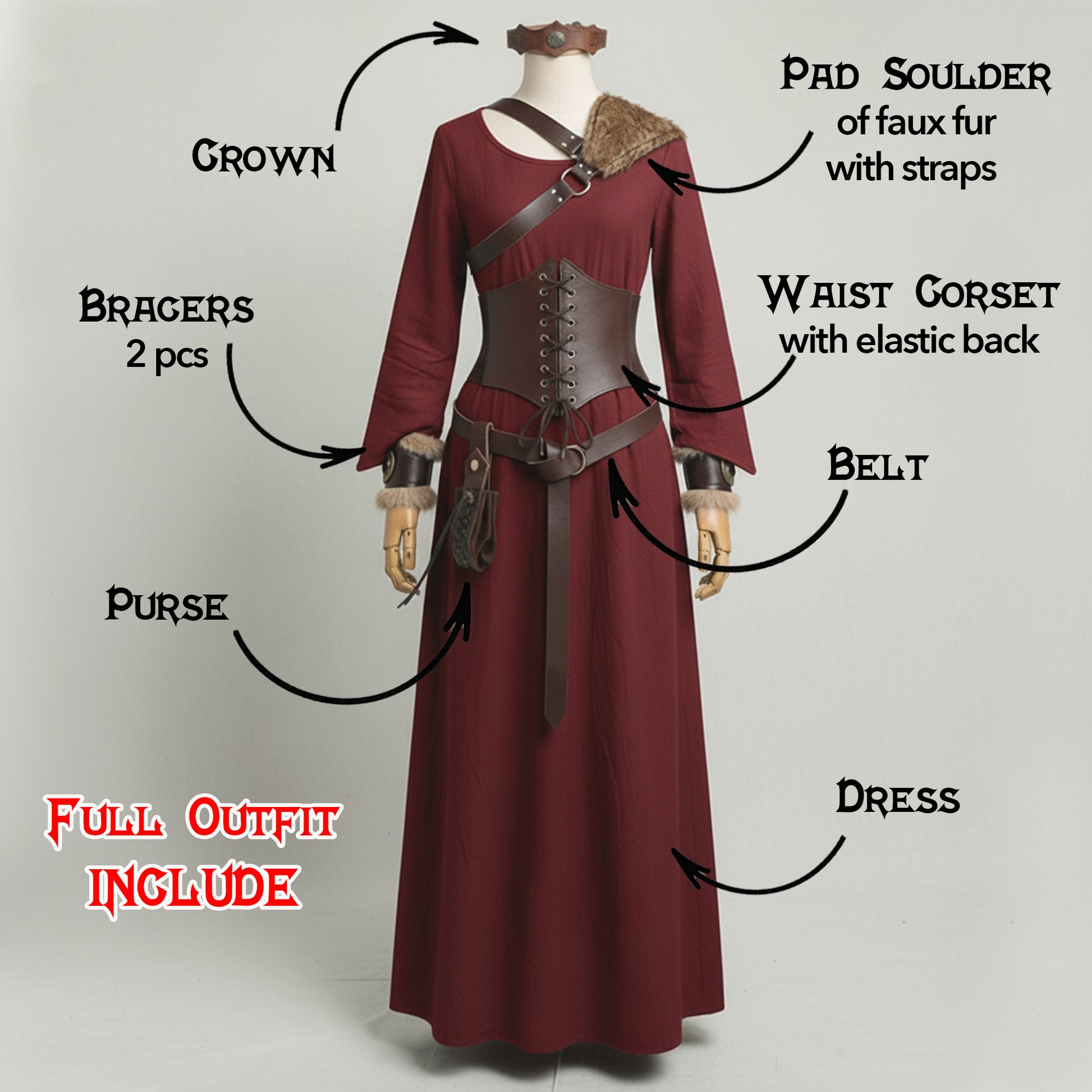 Medieval Viking Women Costume - Dress & Furry Faux Leather LARP Accessories: Corset, Bracers, Belt, Purse, Shoulder Pad, Celtic Crown Tiara