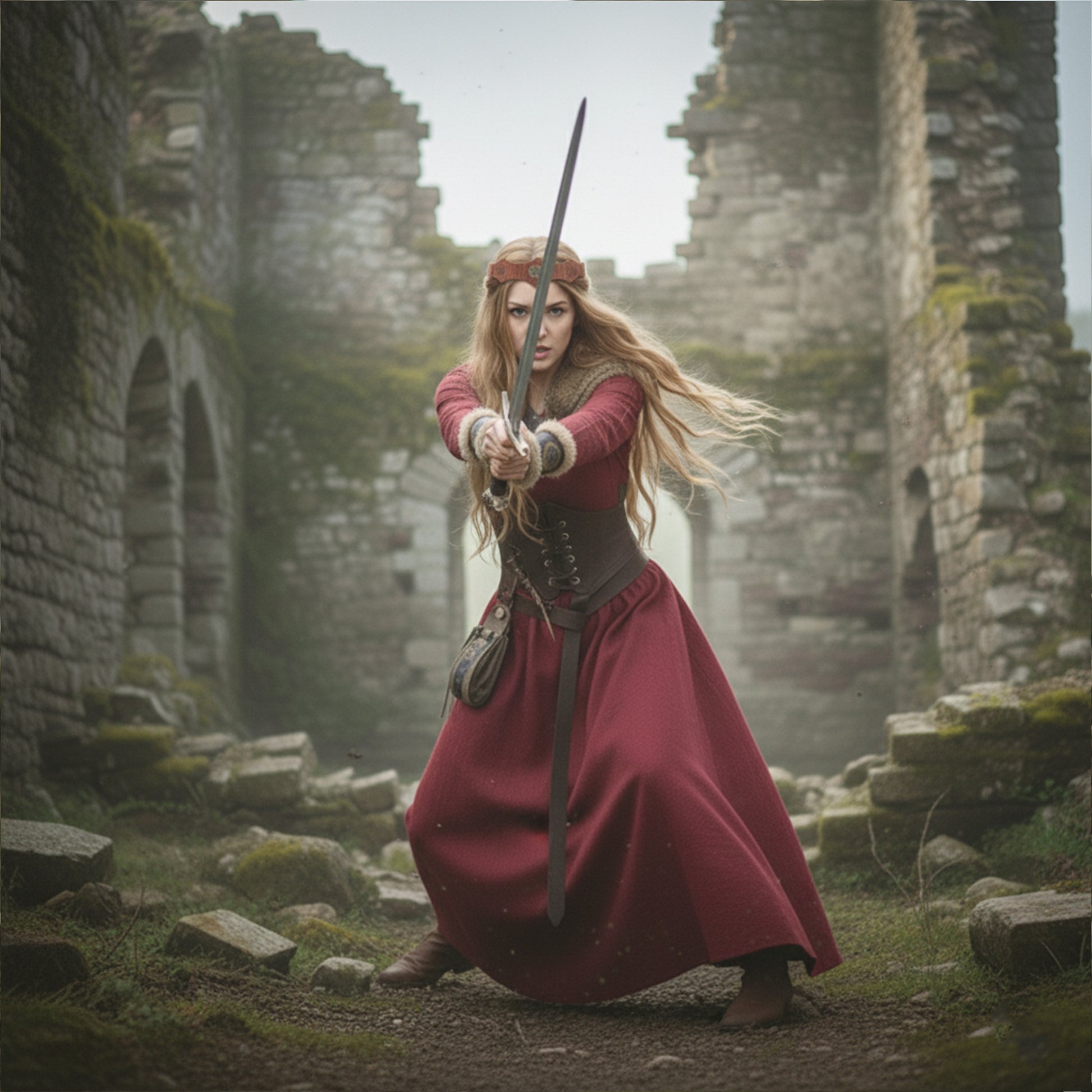 Medieval Viking Women Costume - Dress & Furry Faux Leather LARP Accessories: Corset, Bracers, Belt, Purse, Shoulder Pad, Celtic Crown Tiara