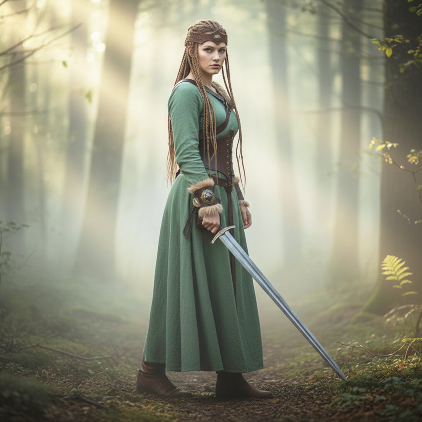 Medieval Viking Women Costume - Dress & Furry Faux Leather LARP Accessories: Corset, Bracers, Belt, Purse, Shoulder Pad, Celtic Crown Tiara