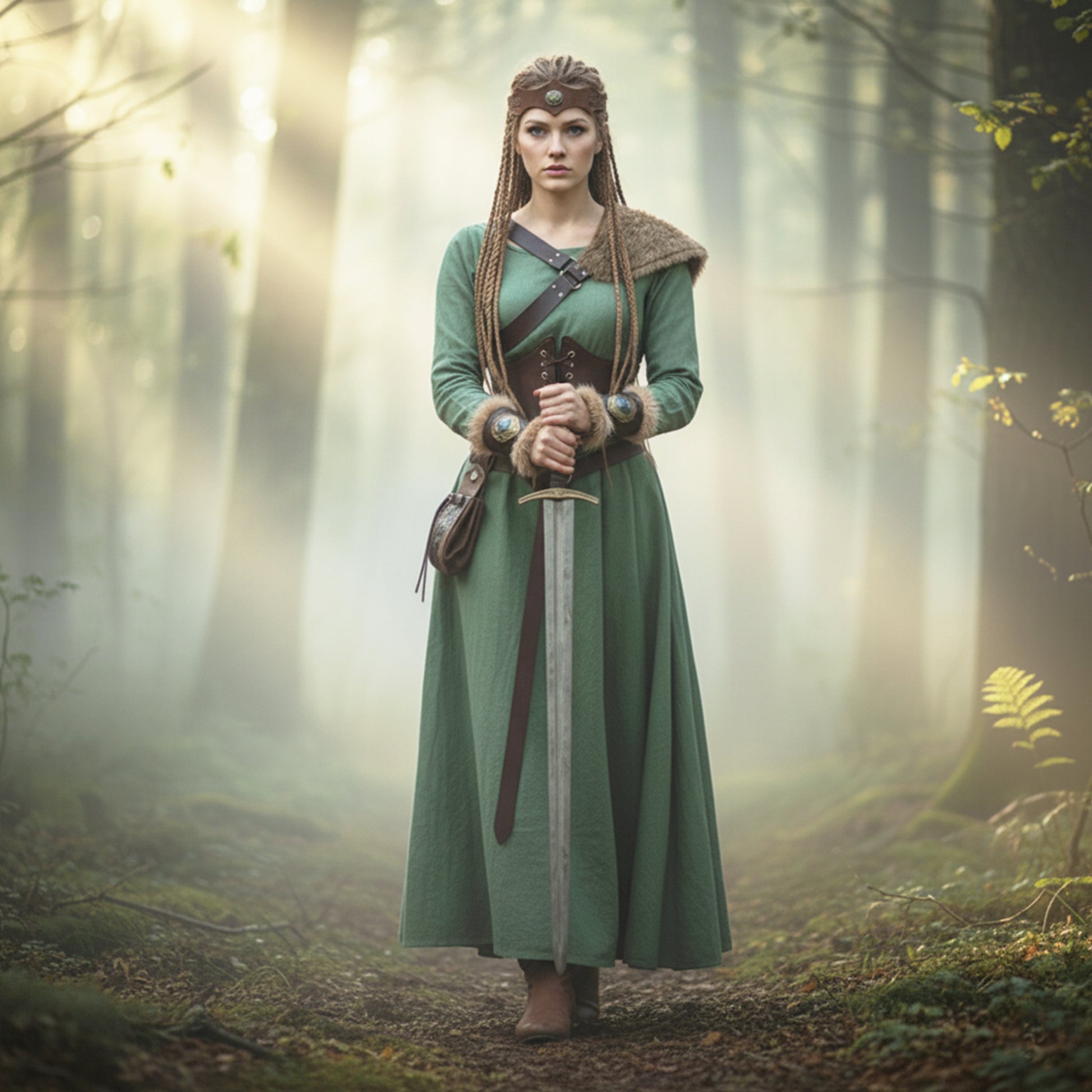 Medieval Viking Women Costume - Dress & Furry Faux Leather LARP Accessories: Corset, Bracers, Belt, Purse, Shoulder Pad, Celtic Crown Tiara
