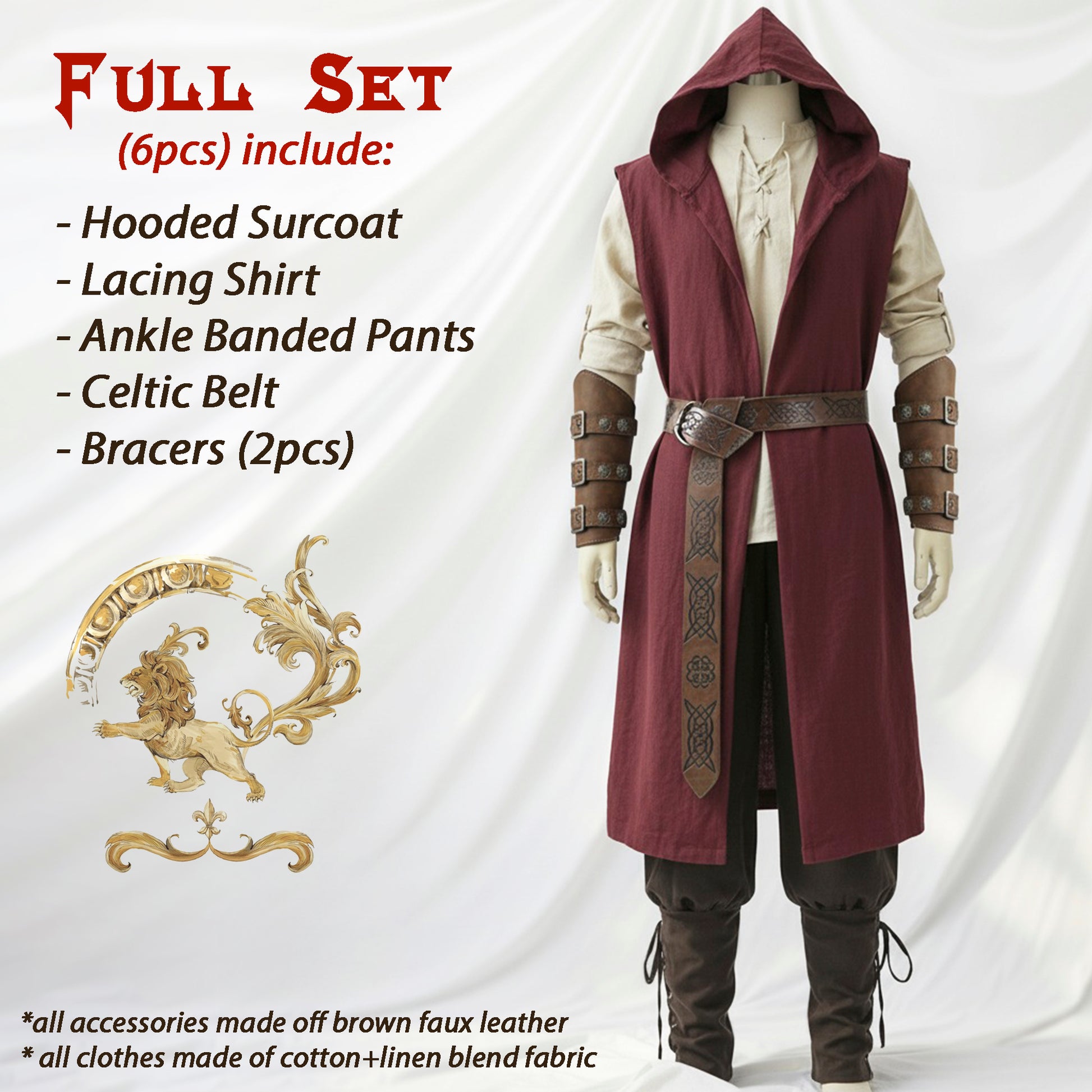 Medieval Renfaire Clothes Set 6pcs: Hooded Surcoat, Lace-Up Shirt Tunic, Pants Trousers, Belt & Armor Bracers, Ranger, Archer or Viking LARP Costume