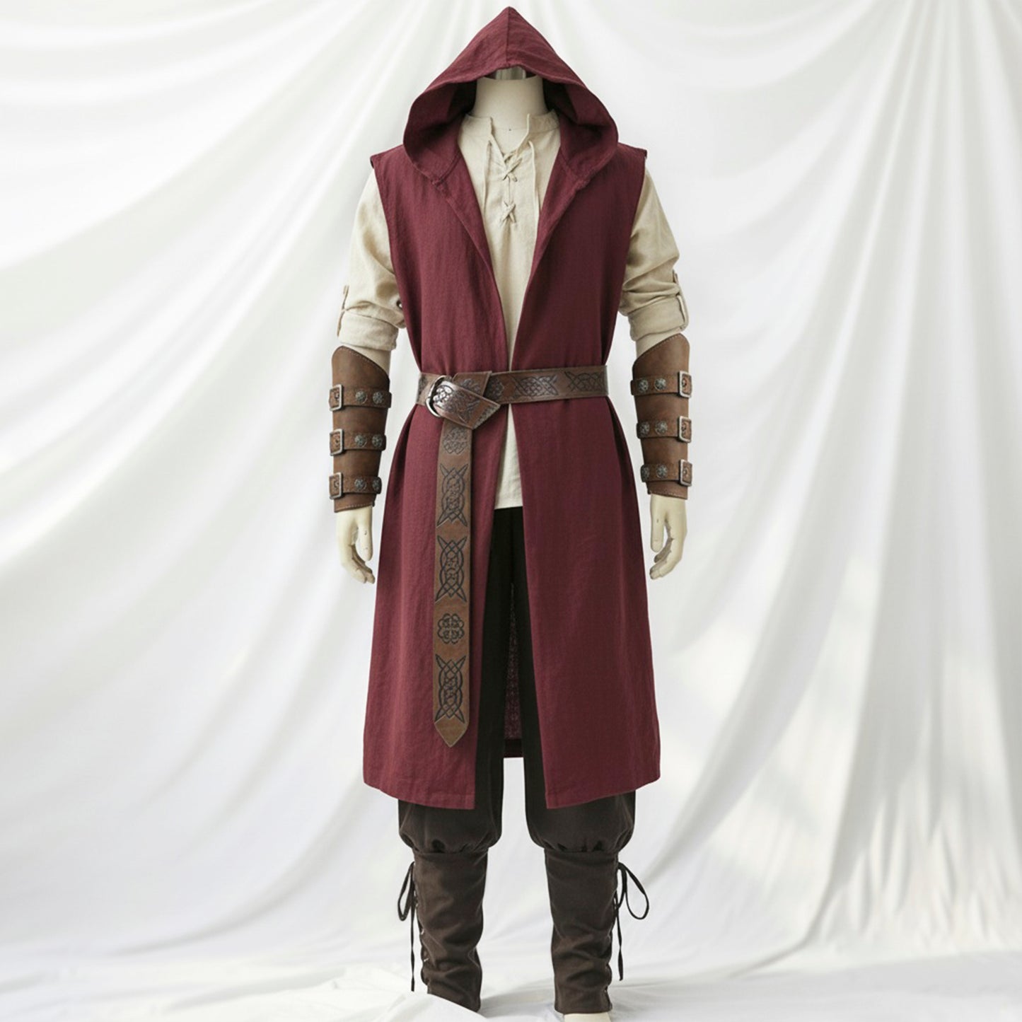 Medieval Renfaire Clothes Set 6pcs: Hooded Surcoat, Lace-Up Shirt Tunic, Pants Trousers, Belt & Armor Bracers, Ranger, Archer or Viking LARP Costume