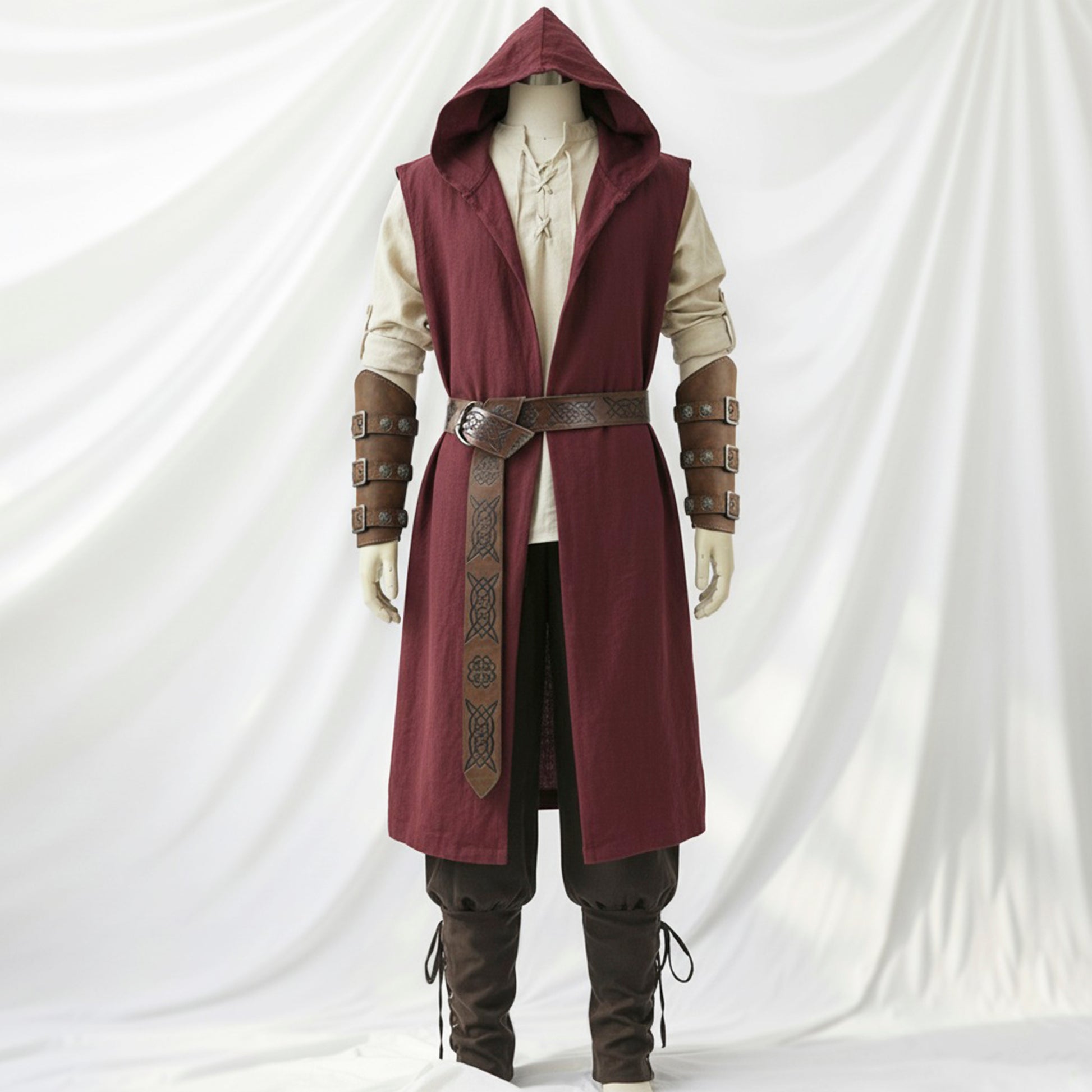 Medieval Renfaire Clothes Set 6pcs: Hooded Surcoat, Lace-Up Shirt Tunic, Pants Trousers, Belt & Armor Bracers, Ranger, Archer or Viking LARP Costume