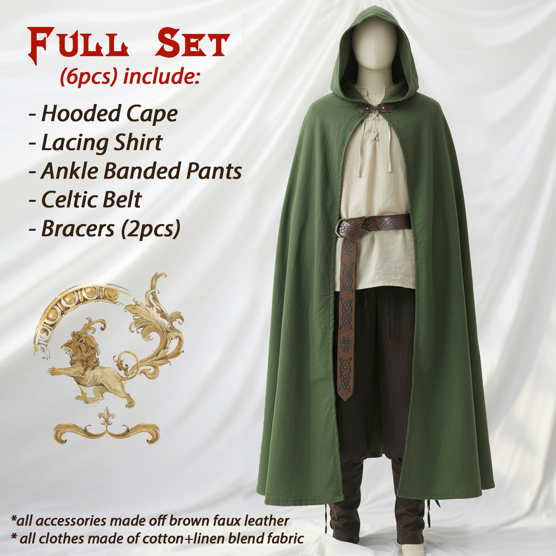 Aragorn Costume, Medieval Renaissance Clothes Set 6pcs: Hooded Cape Cloak, Lacing Shirt Tunic, Pants Trousers, Celtic Belt & Faux Leather Armor Bracers LARP