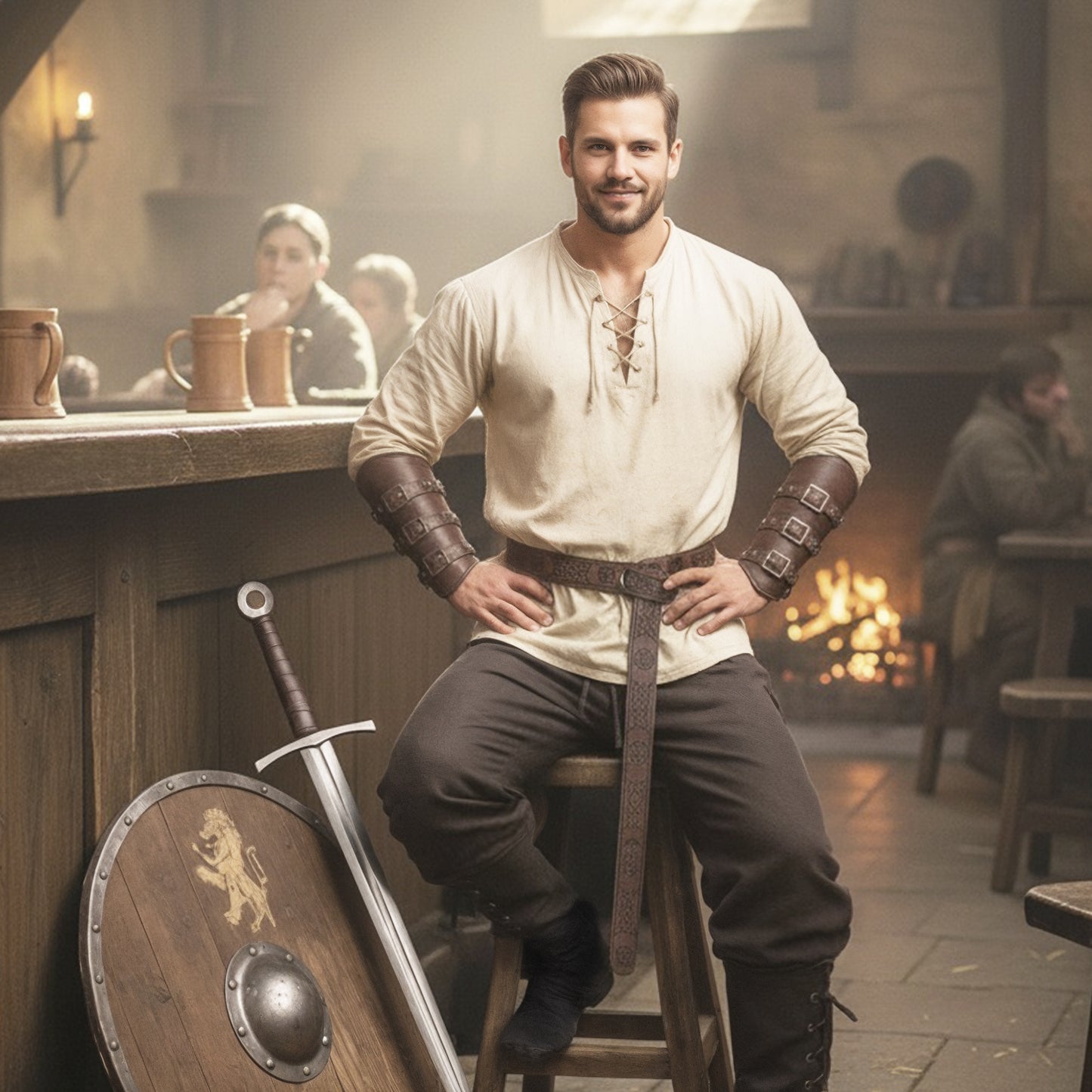 Aragorn Costume, Medieval Renaissance Clothes Set 6pcs, Lacing Shirt Tunic, Pants Trousers, Celtic Belt & Faux Leather Armor Bracers LARP