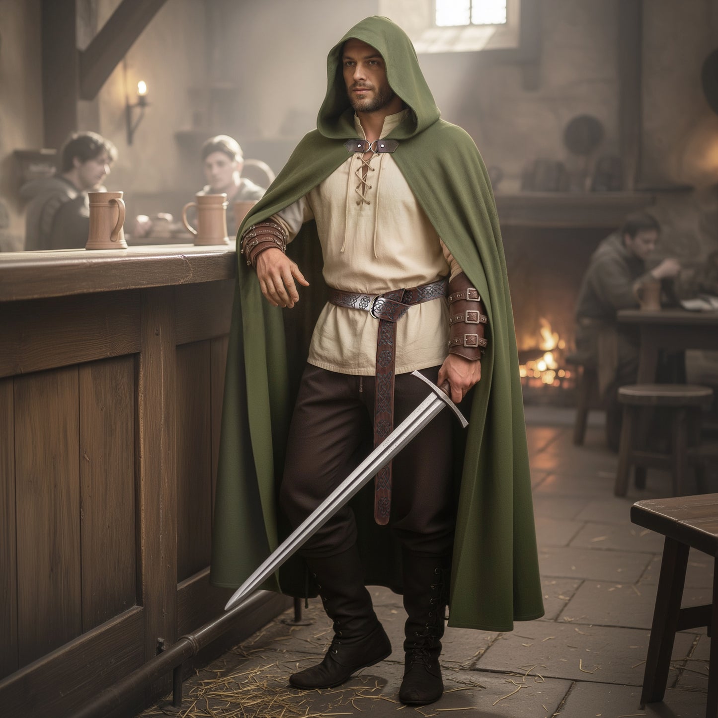 Aragorn Costume, Medieval Renaissance Clothes Set 6pcs: Hooded Cape Cloak, Lacing Shirt Tunic, Pants Trousers, Celtic Belt & Faux Leather Armor Bracers LARP