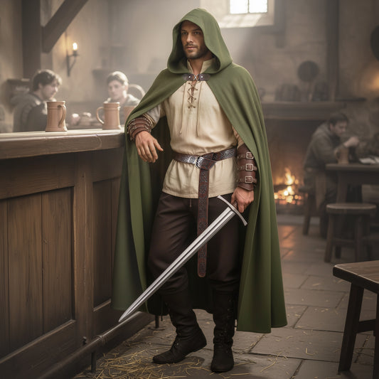 Aragorn Costume, Medieval Renaissance Clothes Set 6pcs: Hooded Cape Cloak, Lacing Shirt Tunic, Pants Trousers, Celtic Belt & Faux Leather Armor Bracers LARP