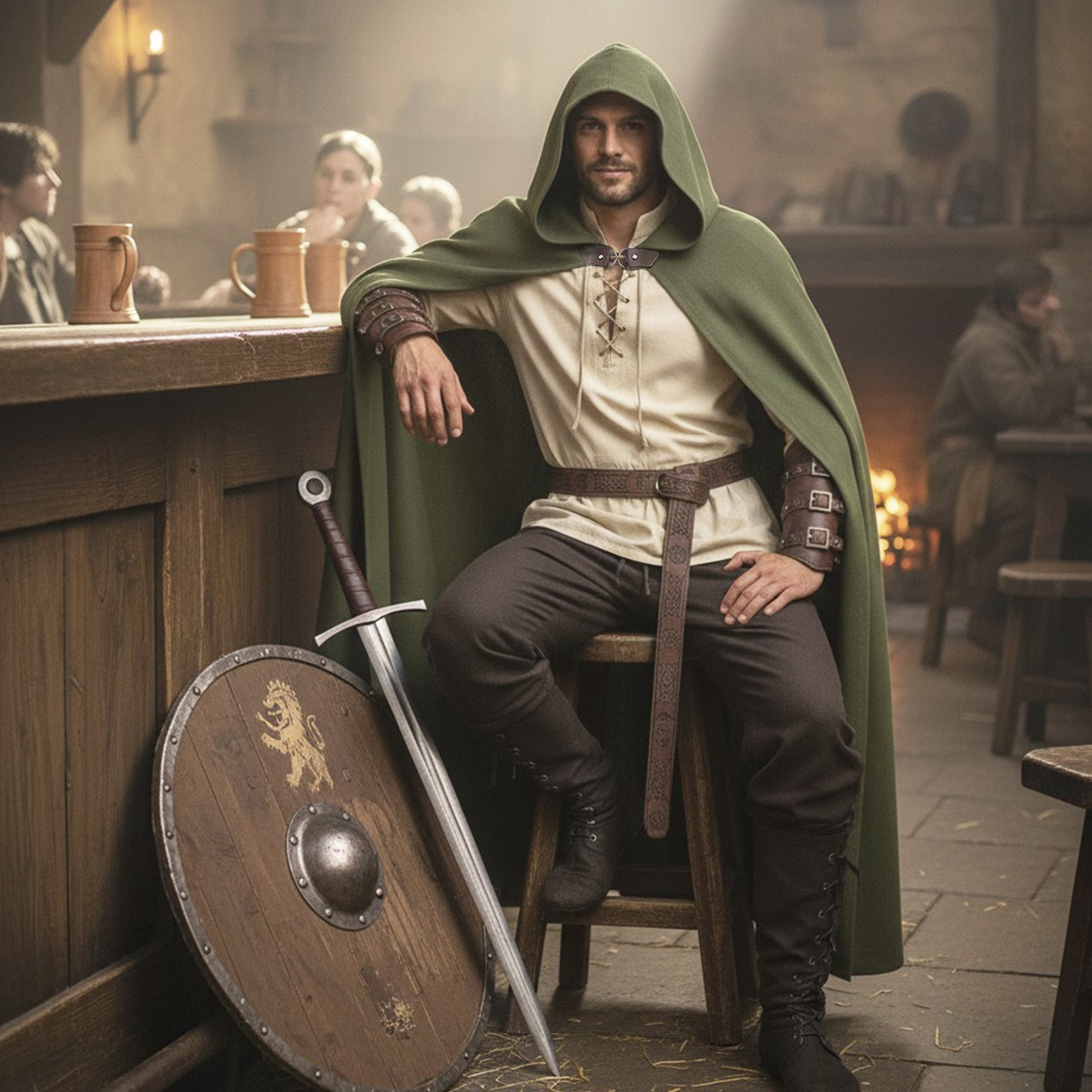 Aragorn Costume, Medieval Renaissance Clothes Set 6pcs: Hooded Cape Cloak, Lacing Shirt Tunic, Pants Trousers, Celtic Belt & Faux Leather Armor Bracers LARP