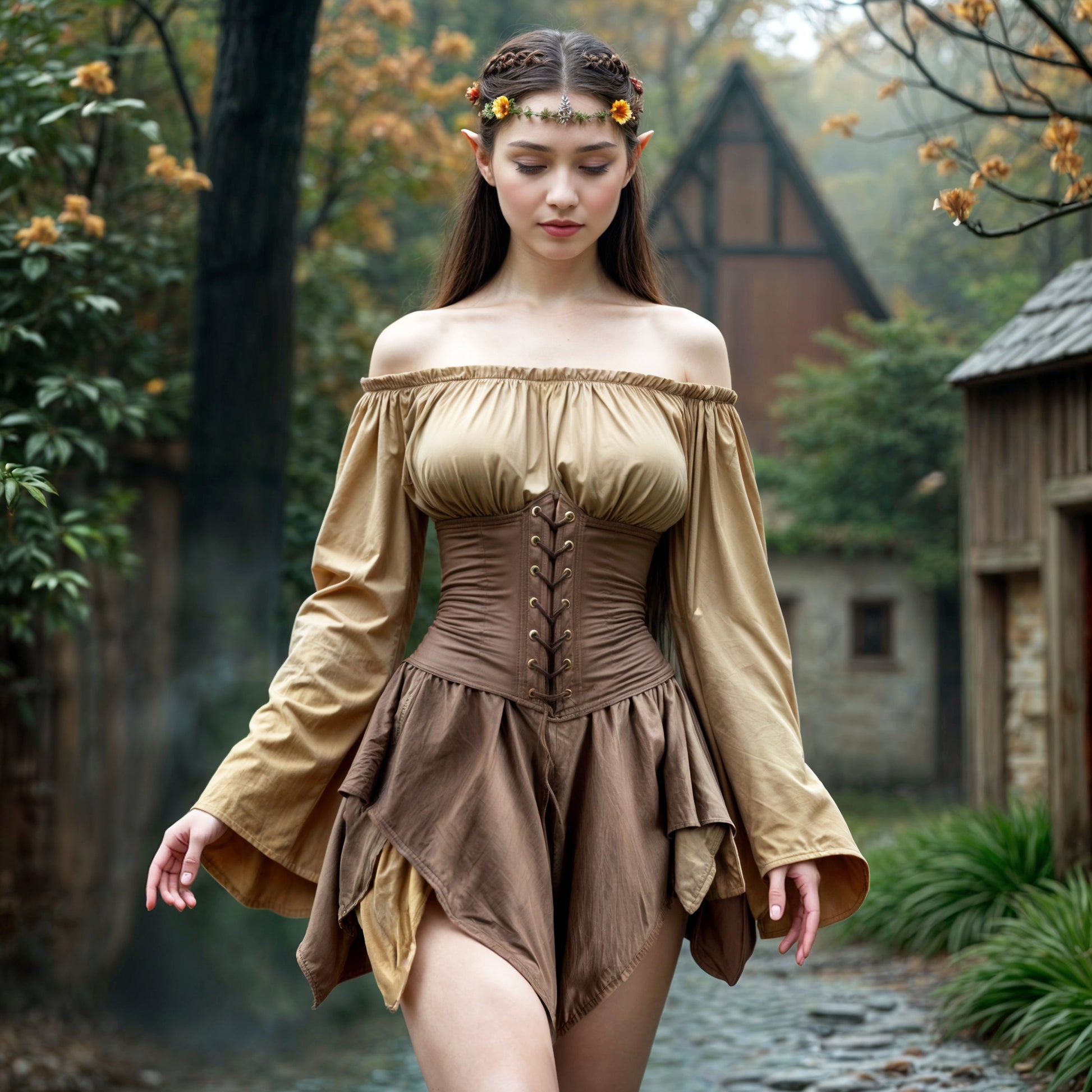 Elven Short Dress with Flared Sleeve & Corset, Plus Size, Forest Fairy Cosplay LARP Costume, Pixie Fantasy Outfit, Medieval Renfaire Clothes