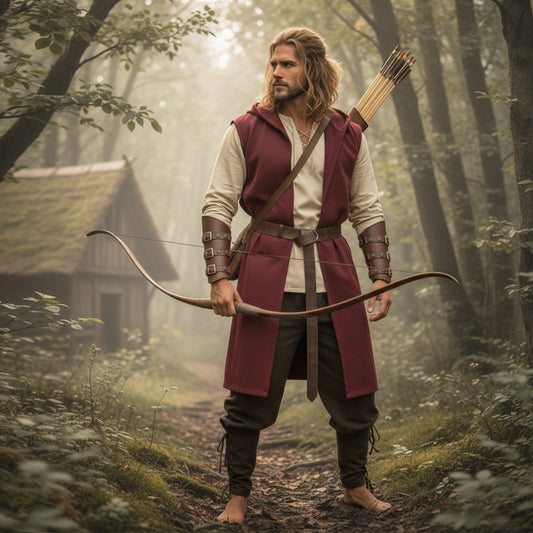 Medieval Renfaire Clothes Set 6pcs: Hooded Surcoat, Lace-Up Shirt Tunic, Pants Trousers, Belt & Armor Bracers, Ranger, Archer or Viking LARP Costume