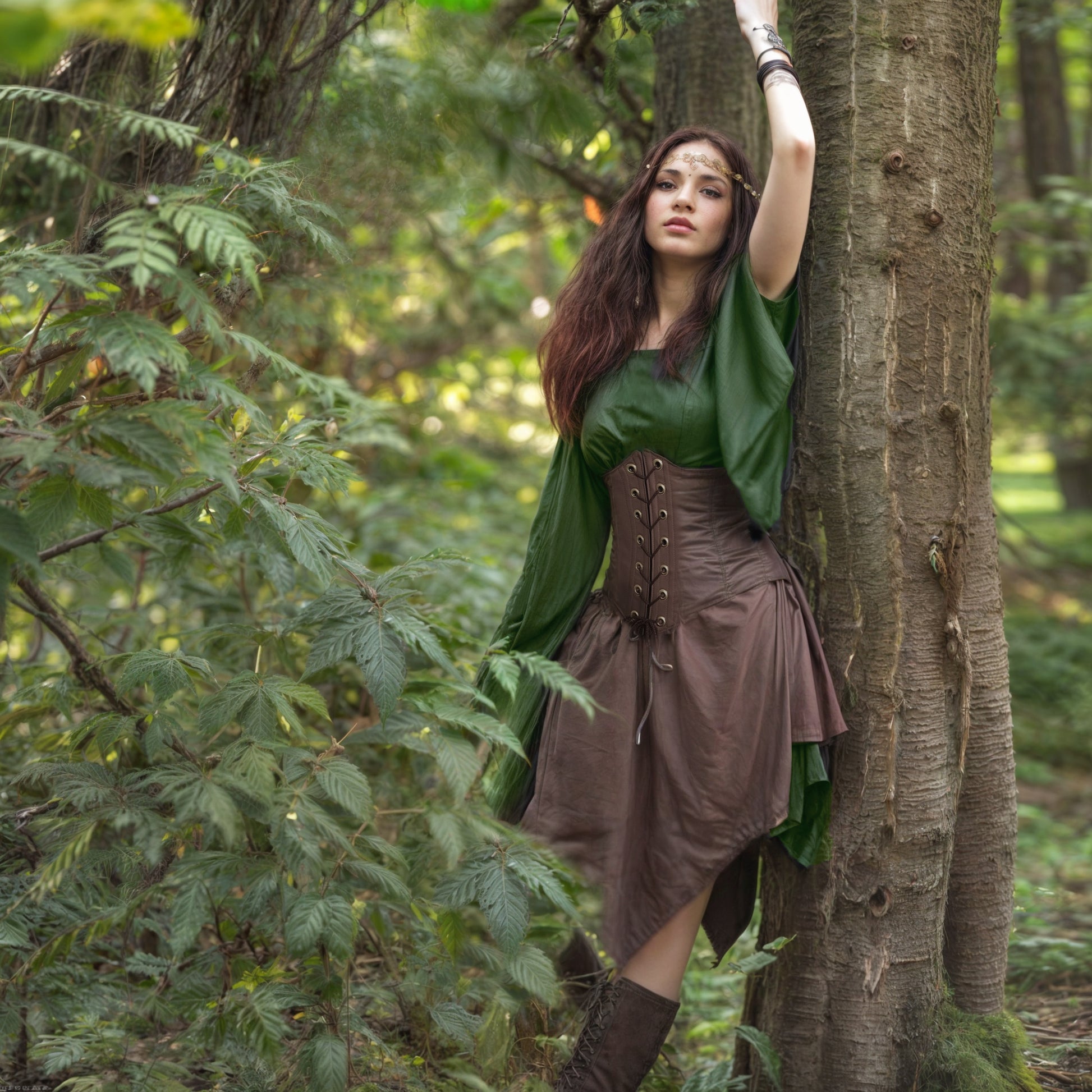 Elven Short Dress with Flared Sleeve & Corset, Plus Size, Forest Fairy Cosplay LARP Costume, Pixie Fantasy Outfit, Medieval Renfaire Clothes