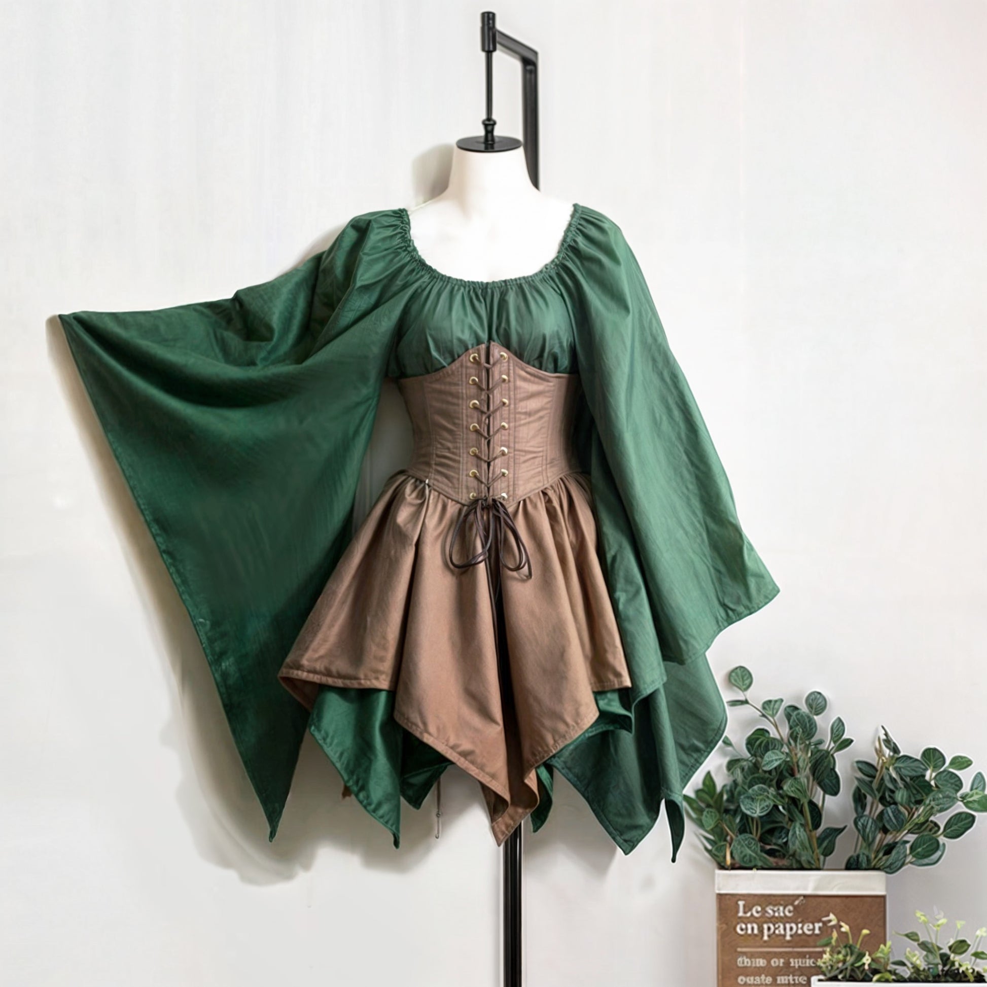 Elven Short Dress with Flared Sleeve & Corset, Plus Size, Forest Fairy Cosplay LARP Costume, Pixie Fantasy Outfit, Medieval Renfaire Clothes