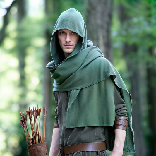 Medieval Green Ranger Cowl Shrug LARP Cosplay Costume, Men Archer Rogue Hoodie, Unisex Hooded Cape, Dune Sand Shawl, Shadow Green Outfit with Hood