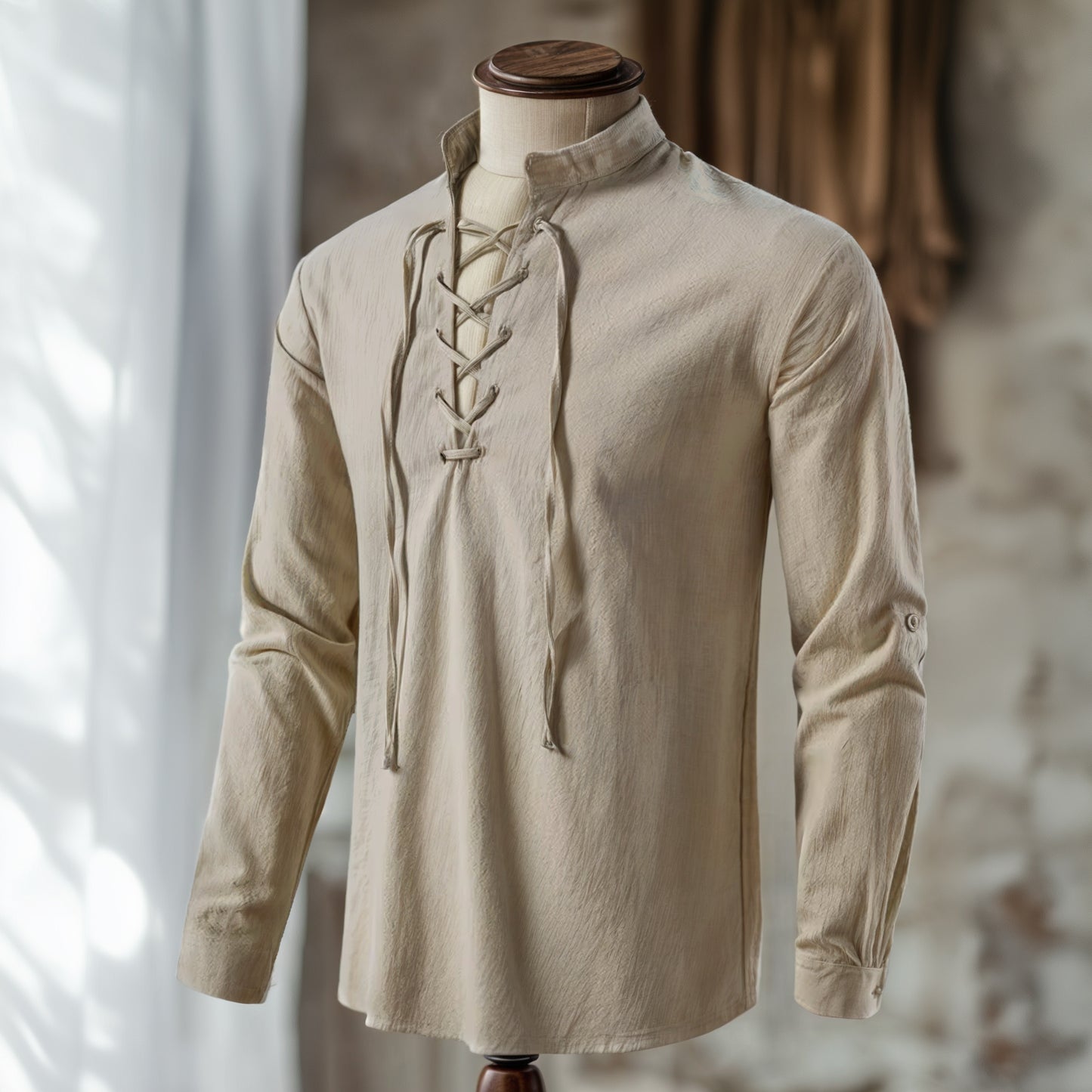 Medieval Men Shirt Lace-Up, Beige Linen Cotton Tunic, Pirate Cosplay Costume, Renaissance Clothes, Ranger LARP Clothing, Viking Outfit