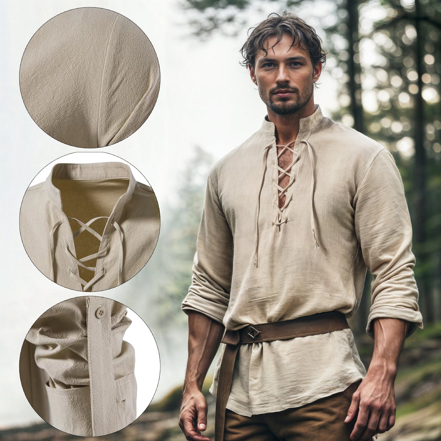 Medieval Men Shirt Lace-Up, Beige Linen Cotton Tunic, Pirate Cosplay Costume, Renaissance Clothes, Ranger LARP Clothing, Viking Outfit