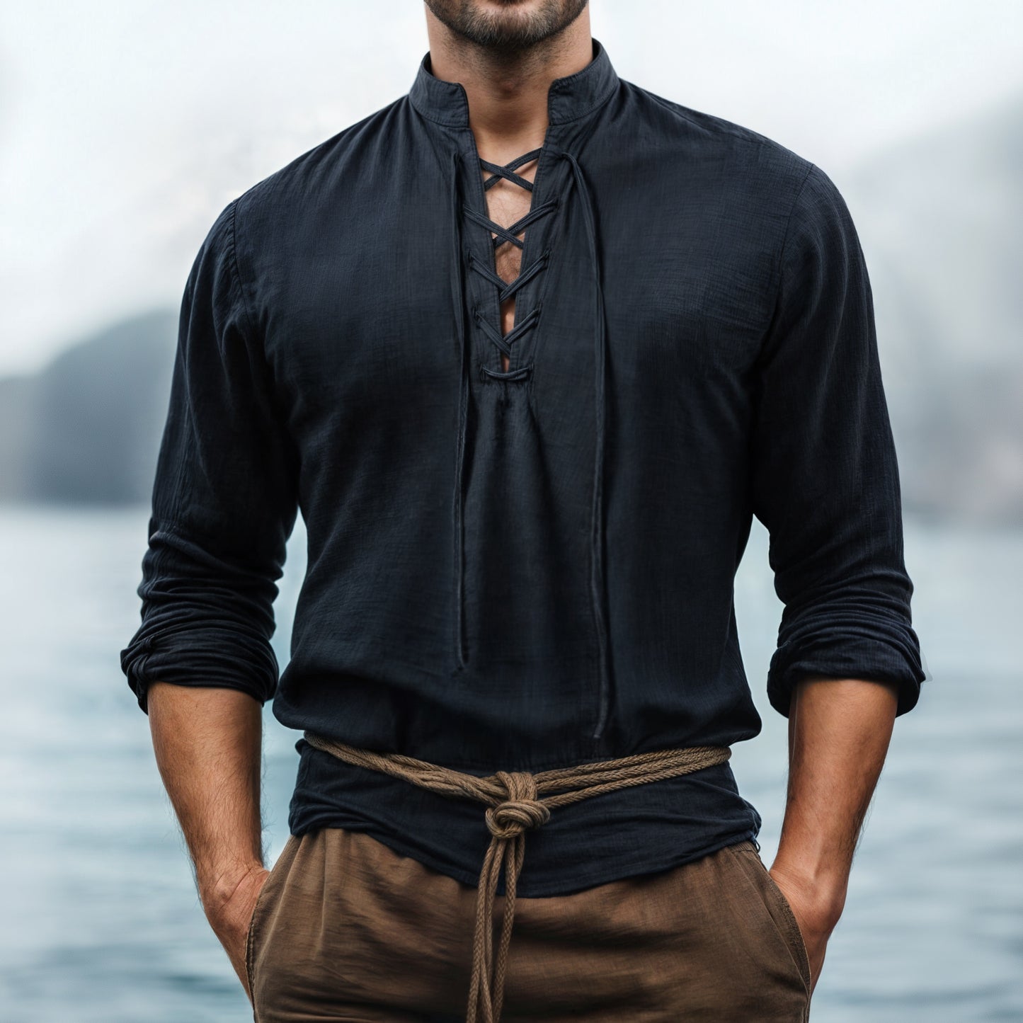 Medieval Men Shirt Lace-Up, Black Linen Cotton Tunic, Pirate Cosplay Costume, Renaissance Clothes, Ranger LARP Clothing, Viking Outfit