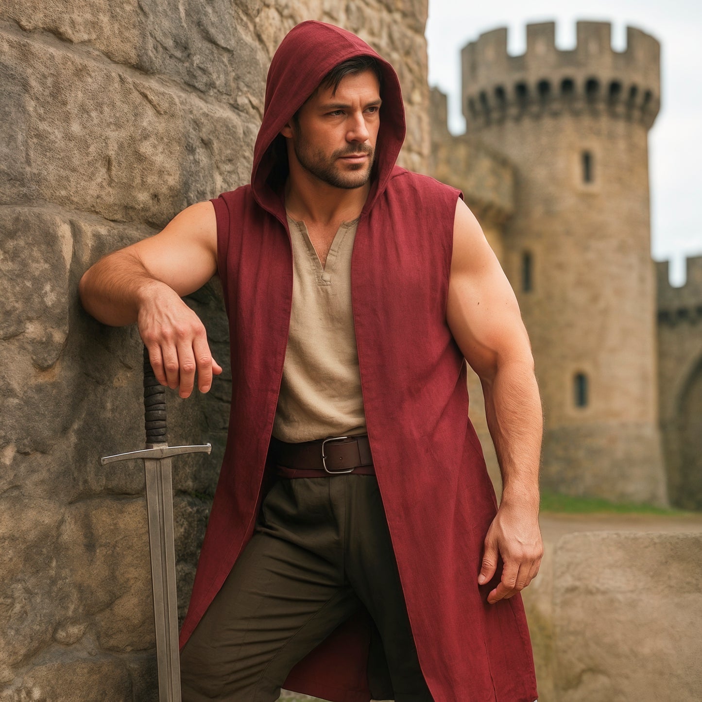 Medieval Renfaire Surcoat with Hood, LARP Open-Front Cape