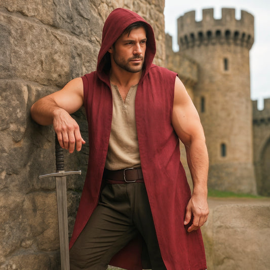 Medieval Renfaire Surcoat with Hood, LARP Open-Front Cape