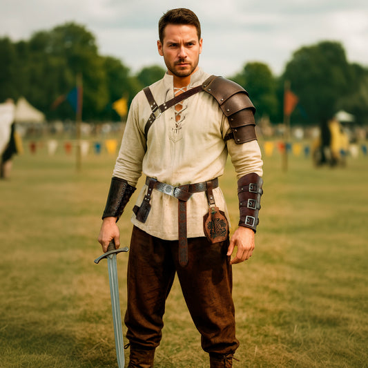 Medieval Viking Warrior Clothes Set 8 pcs: Tunic, Pants, Shoulder Pad, Faux Leather LARP Accessories and Armor