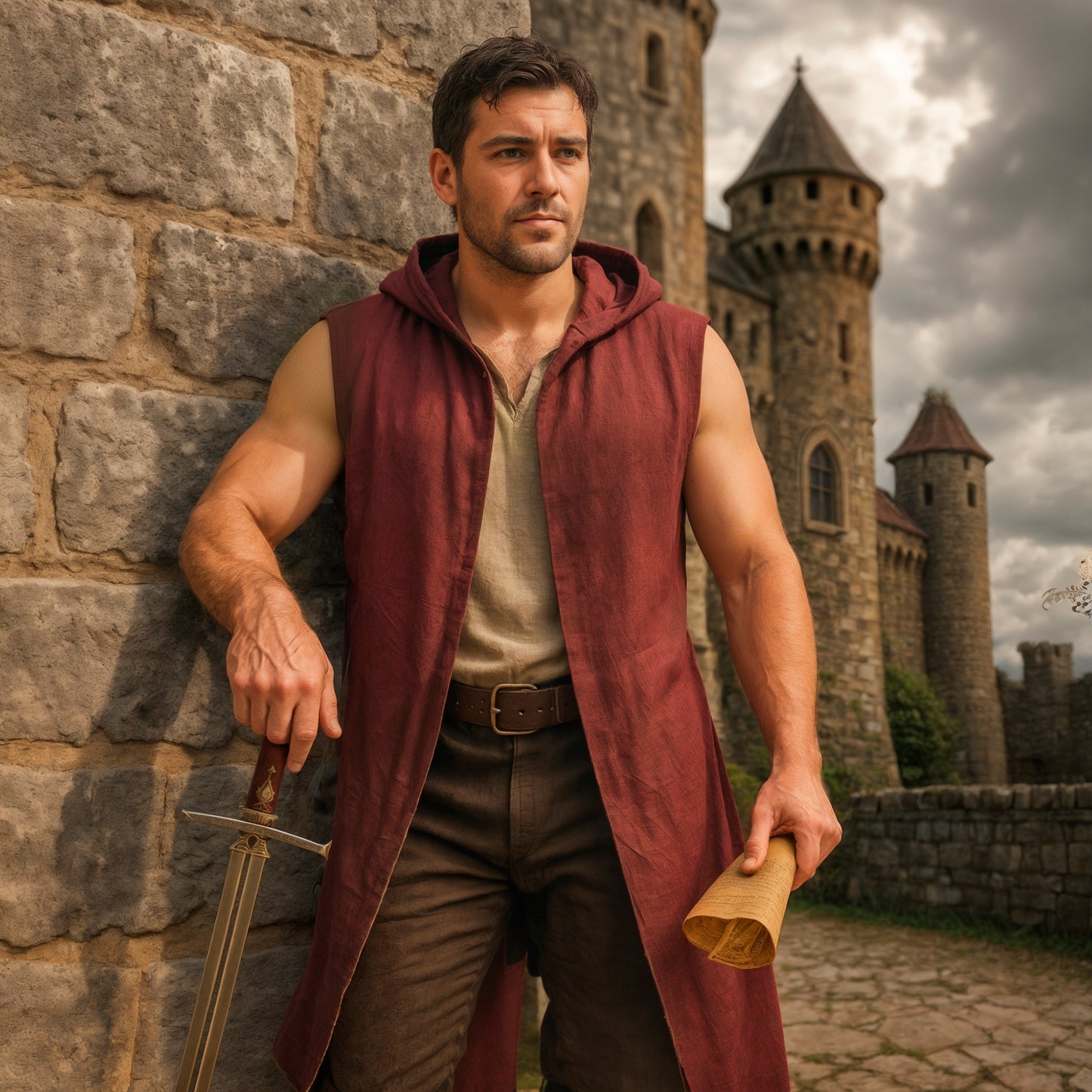 Medieval Renfaire Surcoat with Hood, LARP Open-Front Cape