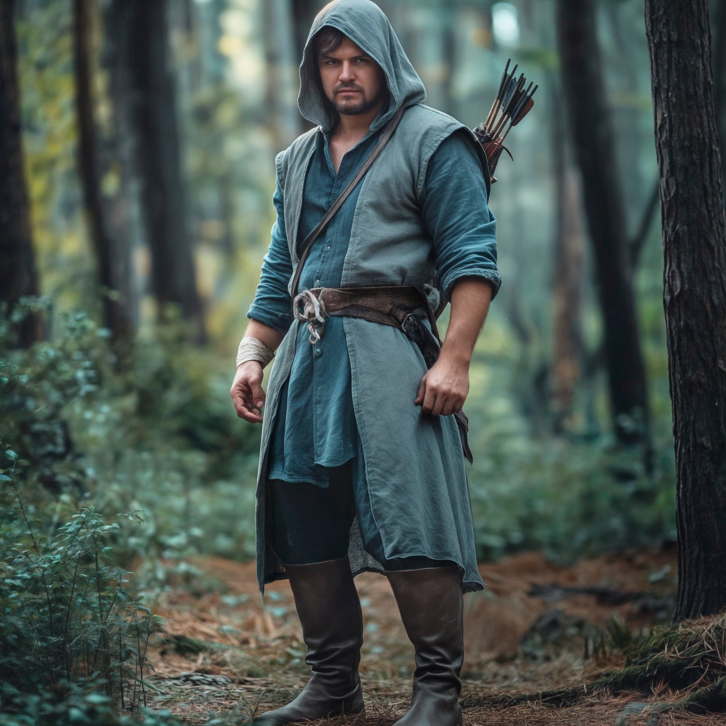 Medieval Men Clothes, Green Hooded Linen Surcoat, Unisex Open-Front Tunic, Ranger Cape Cloak, Ren Faire Cosplay Costume, Fantasy LARP Outfit