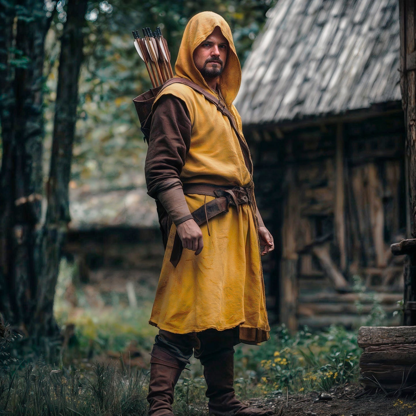 Medieval Men Clothes, Yellow Hooded Linen Surcoat, Unisex Open-Front Tunic, Ranger Cape Cloak, Ren Faire Cosplay Costume, Fantasy LARP Outfit