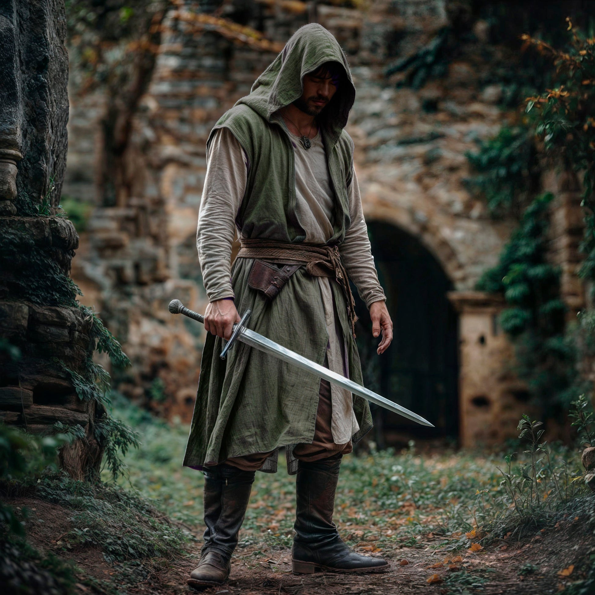 Medieval Men Clothes, Green Hooded Linen Surcoat, Unisex Open-Front Tunic, Ranger Cape Cloak, Ren Faire Cosplay Costume, Fantasy LARP Outfit