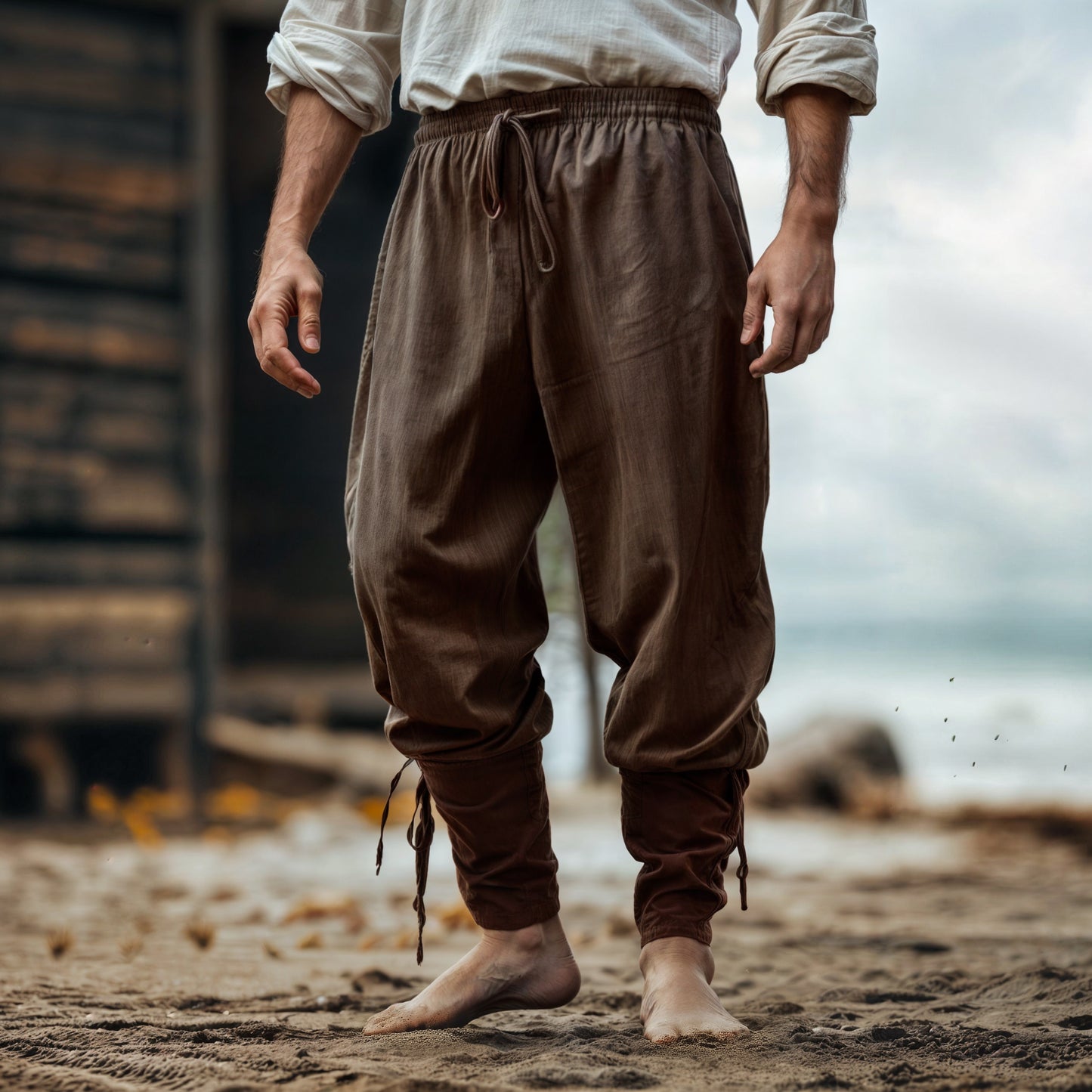 Brown Medieval Men Trousers with Lace-Up, Renaissance Linen Cotton Pants, Pirate Cosplay Costume, LARP Viking Clothes, Renfest Victorian Clothing