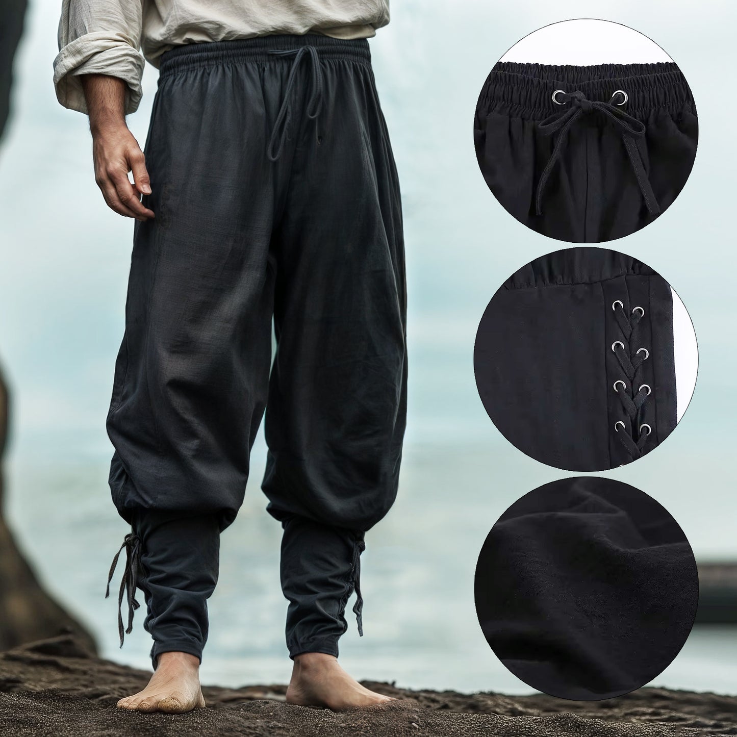 Black Medieval Men Trousers with Lace-Up, Renaissance Linen Cotton Pants, Pirate Cosplay Costume, LARP Viking Clothes, Renfest Victorian Clothing