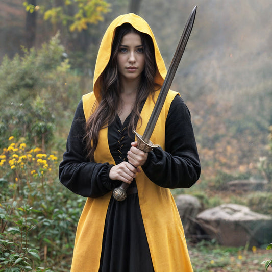 Medieval Women Yellow Hooded Linen Surcoat, Unisex Open-Front Tunic, Ranger Cape Cloak, Ren Faire Cosplay Costume, Fantasy LARP Outfit
