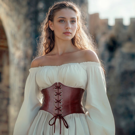 Medieval Women Corset Waist with Blouse Shirt Flared Sleeves, Vegan Leather Corset Belt Lace-up Plus Size, LARP Renaissance Outfit, Adult Cosplay Steampunk 