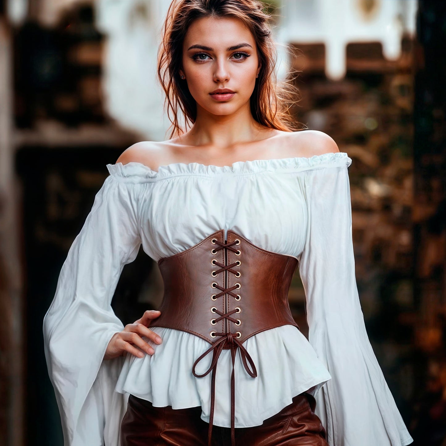 Medieval Women Corset Waist with Blouse Shirt Flared Sleeves, Vegan Leather Corset Belt Lace-up Plus Size, LARP Renaissance Outfit, Adult Cosplay Steampunk