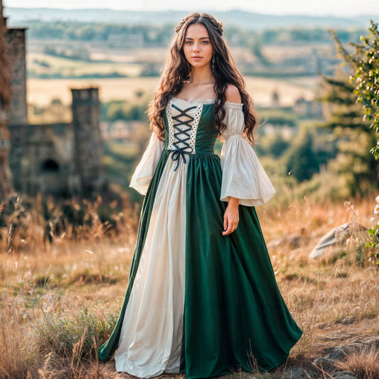 Green Medieval Women Dress with Corset Lace Up in Cottagecore Rustic Style, Renaissance Clothes