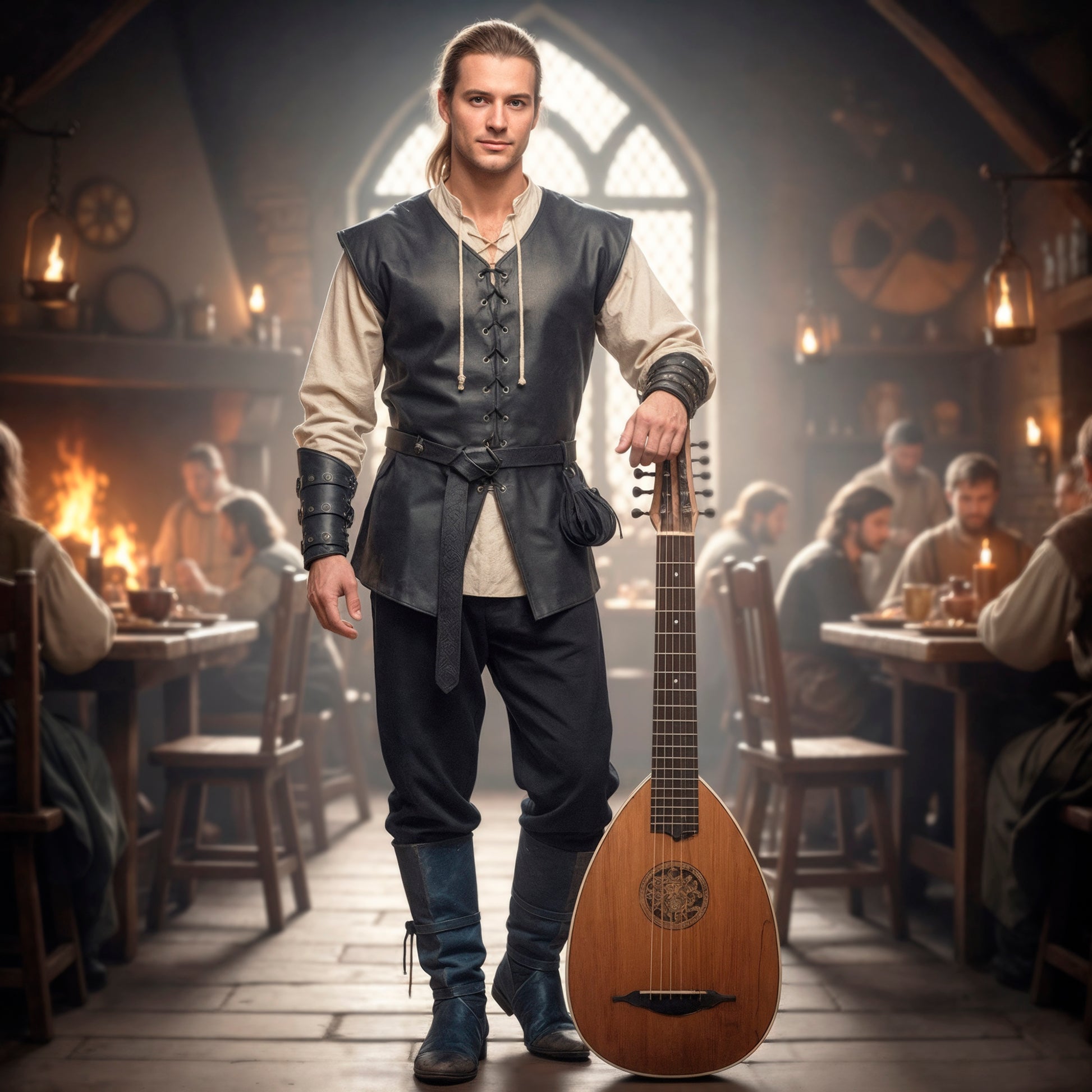 Medieval Viking Warrior Clothes Set 7pcs: Lace-Up Shirt Tunic, Pants Trousers, Vest, Utility Belt & Knight Bracers, LARP Renaissance Costume