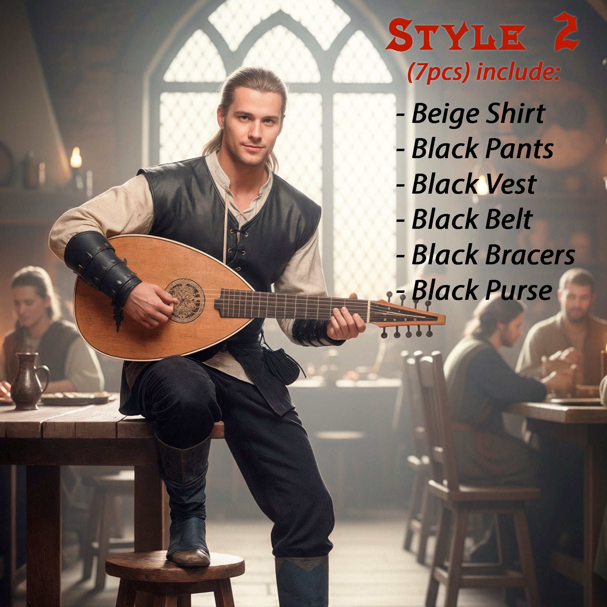 Medieval Viking Warrior Clothes Set 7pcs: Lace-Up Shirt Tunic, Pants Trousers, Vest, Utility Belt & Knight Bracers, LARP Renaissance Costume