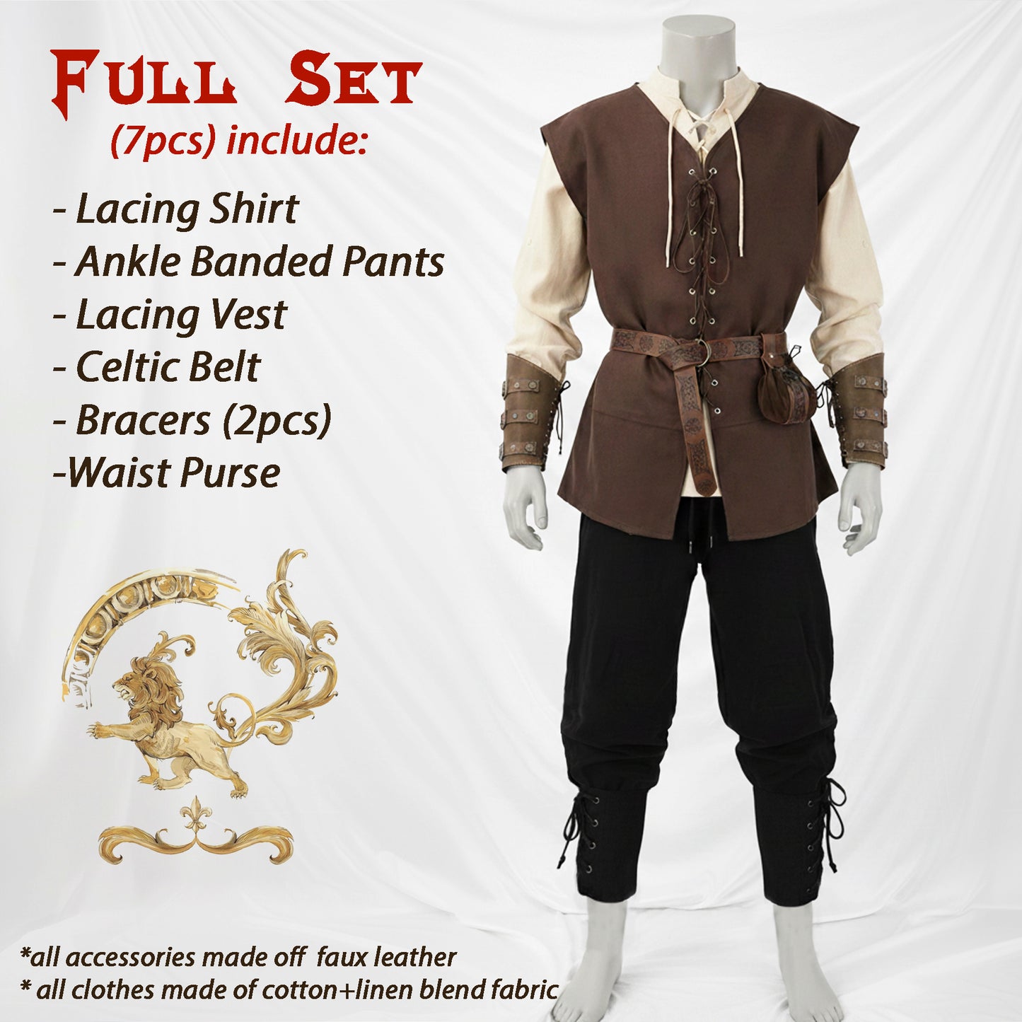 Medieval Viking Warrior Clothes Set 7pcs: Lace-Up Shirt Tunic, Pants Trousers, Vest, Utility Belt & Knight Bracers, LARP Renaissance Costume