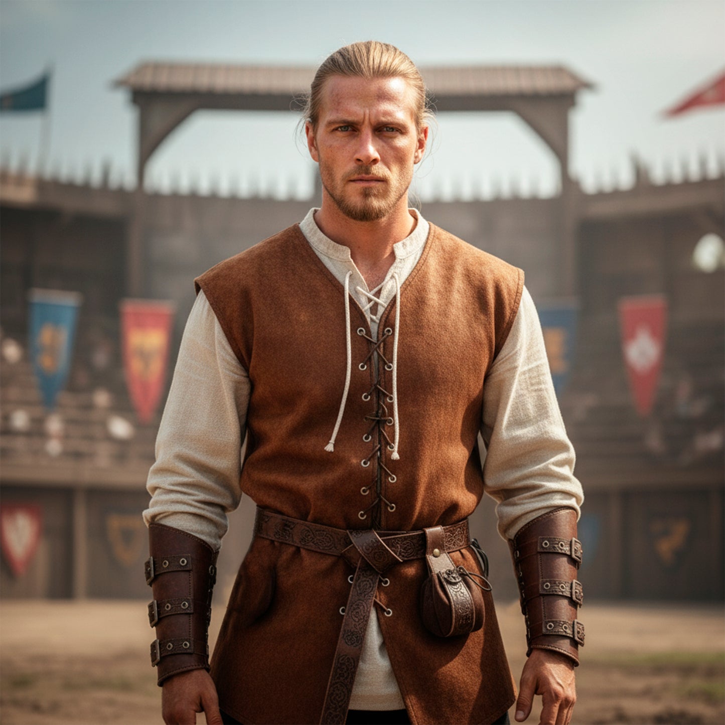 Medieval Viking Warrior Clothes Set 7pcs: Lace-Up Shirt Tunic, Pants Trousers, Vest, Utility Belt & Knight Bracers, LARP Renaissance Costume