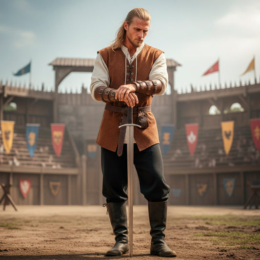 Medieval Viking Warrior Clothes Set 7pcs: Lace-Up Shirt Tunic, Pants Trousers, Vest, Utility Belt & Knight Bracers, LARP Renaissance Costume