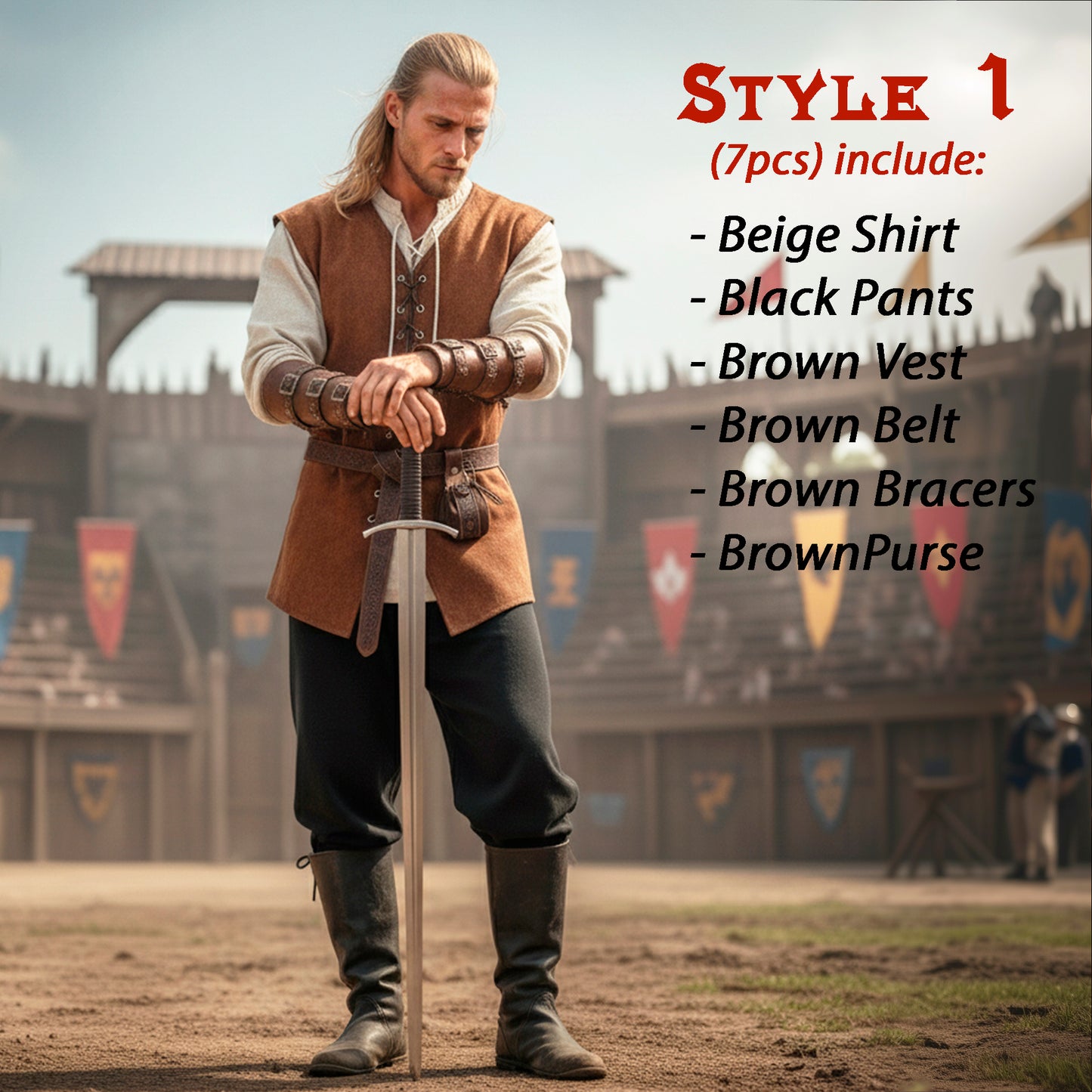 Medieval Viking Warrior Clothes Set 7pcs: Lace-Up Shirt Tunic, Pants Trousers, Vest, Utility Belt & Knight Bracers, LARP Renaissance Costume