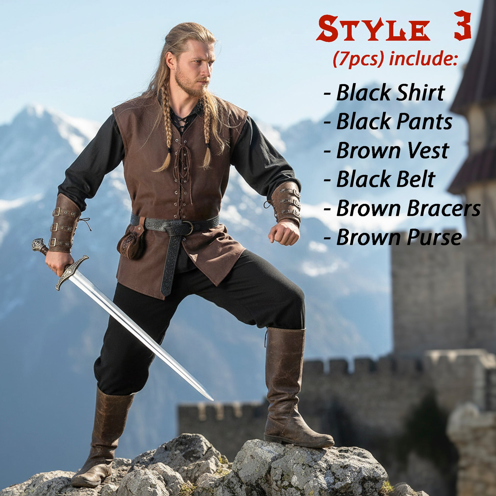 Medieval Viking Warrior Clothes Set 7pcs: Lace-Up Shirt Tunic, Pants Trousers, Vest, Utility Belt & Knight Bracers, LARP Renaissance Costume