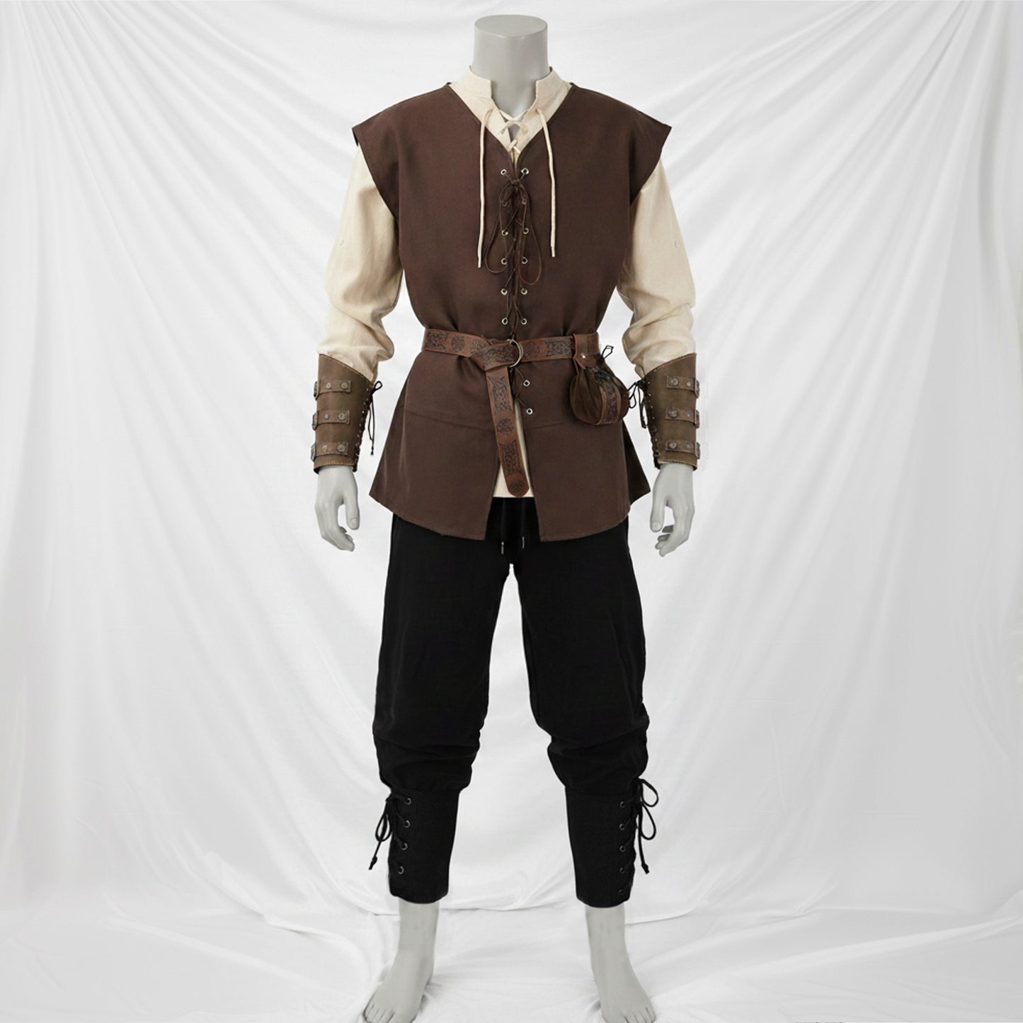 Medieval Viking Warrior Clothes Set 7pcs: Lace-Up Shirt Tunic, Pants Trousers, Vest, Utility Belt & Knight Bracers, LARP Renaissance Costume