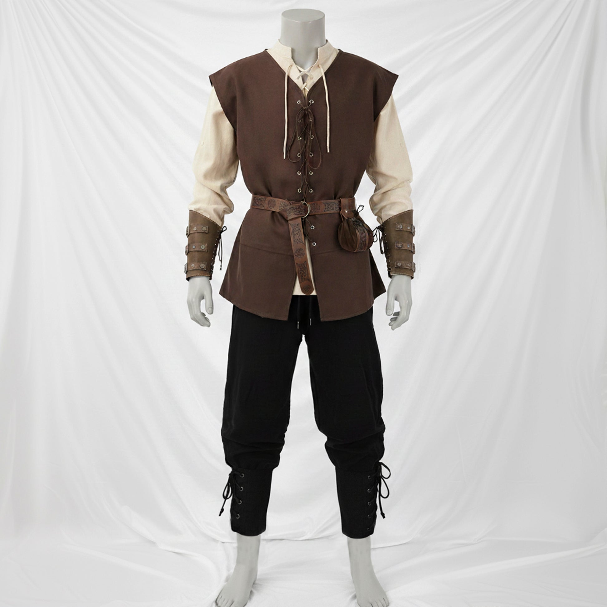 Medieval Viking Warrior Clothes Set 7pcs: Lace-Up Shirt Tunic, Pants Trousers, Vest, Utility Belt & Knight Bracers, LARP Renaissance Costume