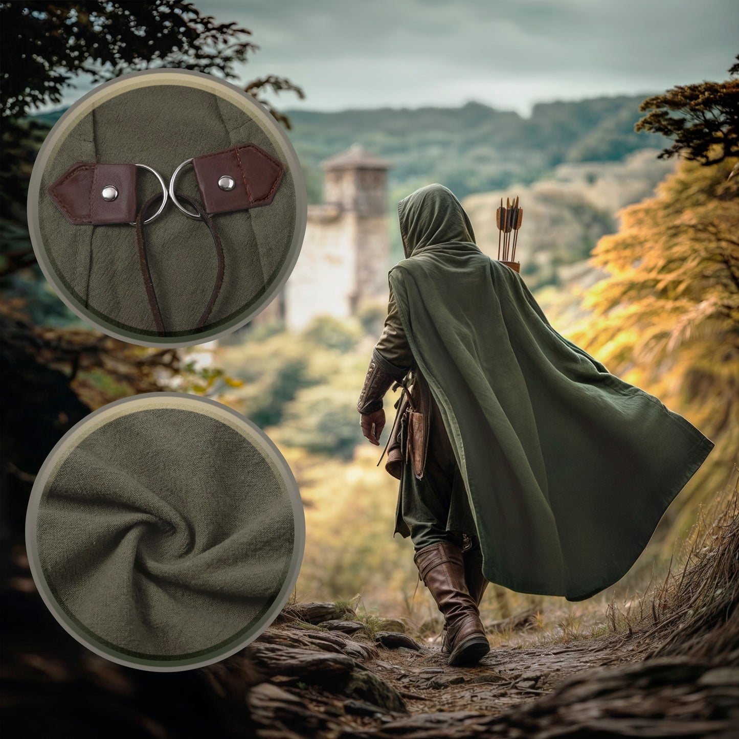 Medieval Cloak, Linen Hooded Cape, Men Green Ranger Cosplay Costume, LARP Accessories, Unisex Renaissance Cloak with Hood, Halloween Elven Outfit