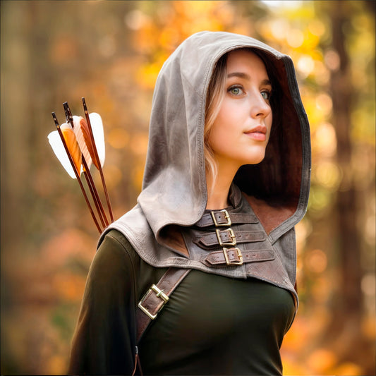 Medieval Ranger Hood on Woman, Vegetal Leather Cowl for LARP Cosplay Costume, Assassin Rogue Hoodie, Unisex Hooded Cape, Dune Steampunk Shadow Outfit
